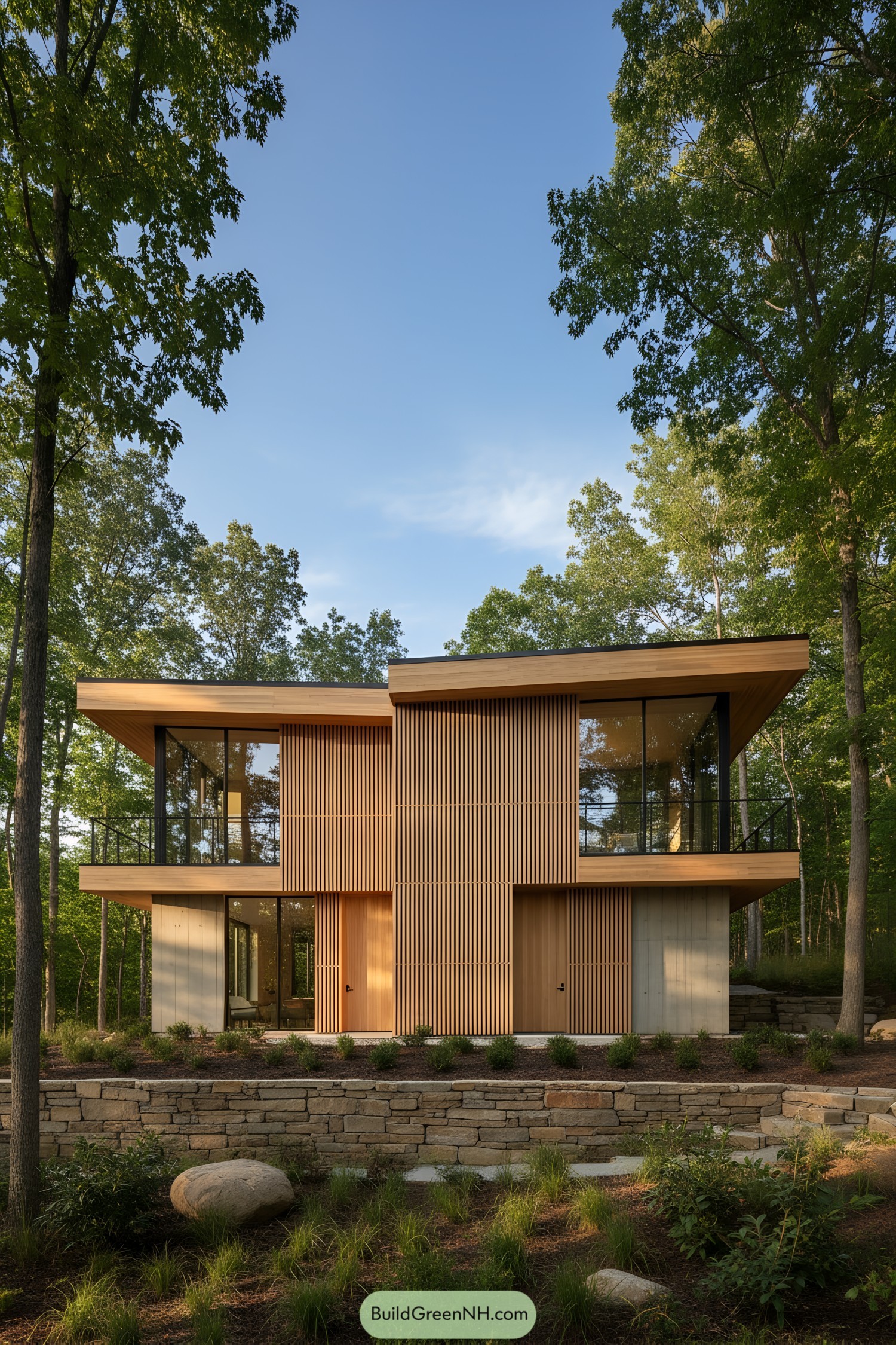 Modern two-story cabin with cantilevered glass wings and vertical hemlock slat facade