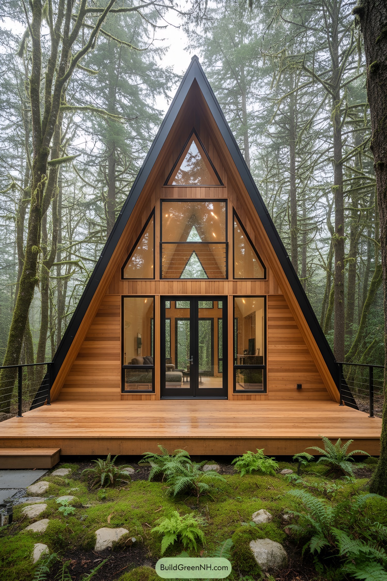 Cedar-clad A-frame with black steel edges and stacked triangular windows on a wide deck in misty woods