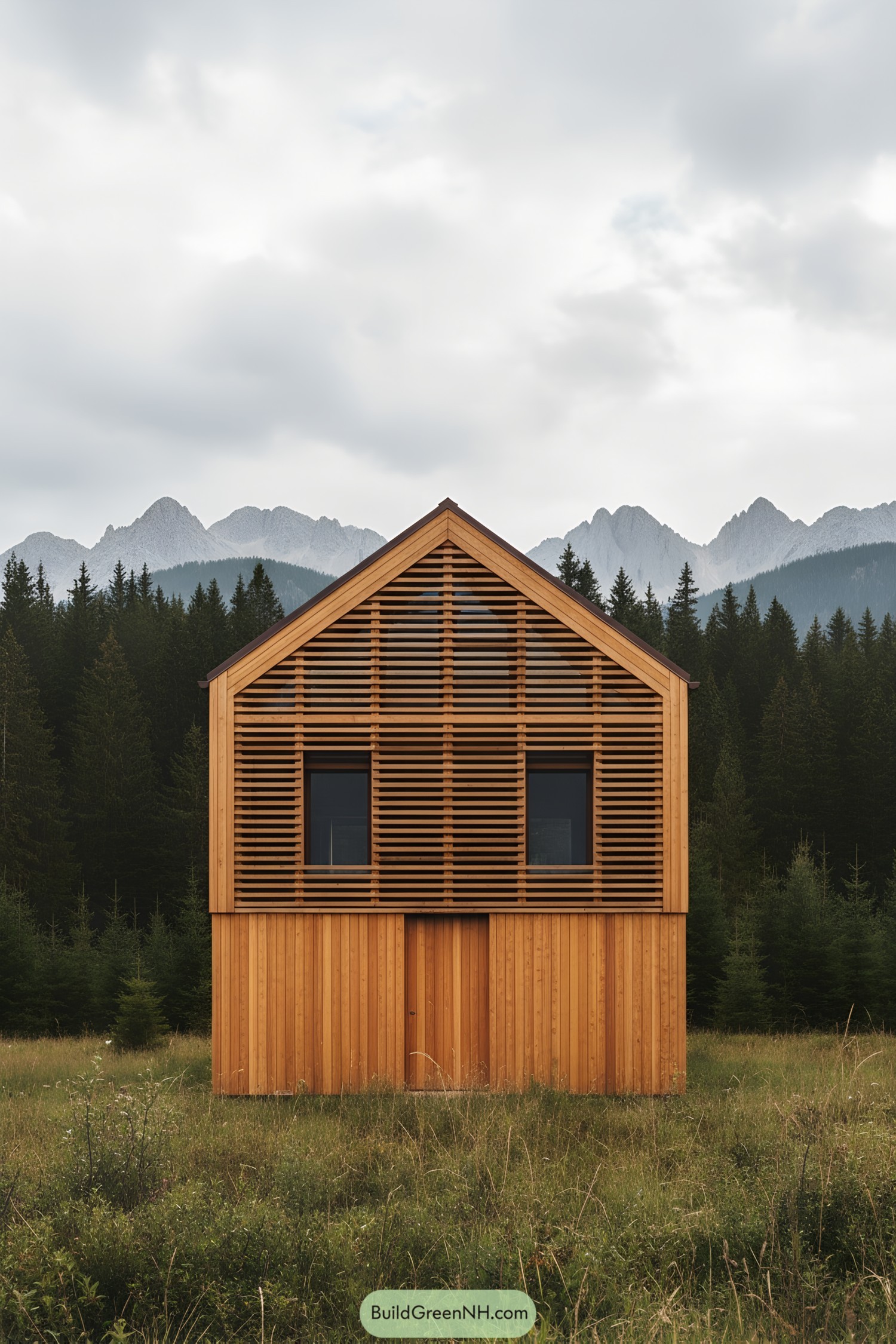 Compact wooden house with vertical boards below and a gable-wide horizontal slatted screen above