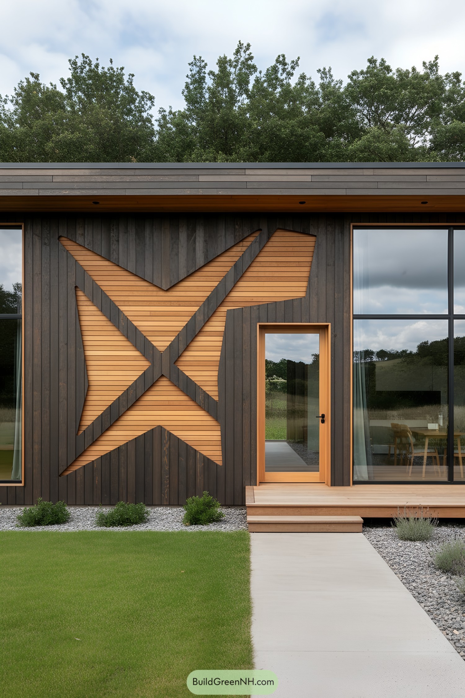 Charred-wood cabin with a large cedar starburst inlay and a slim glass door beside a tall window