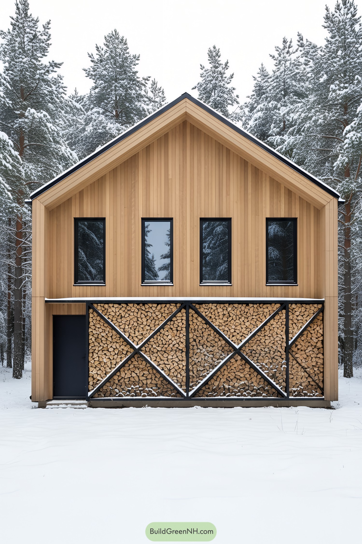 Modern gable cabin with vertical cedar siding and a firewood-screen facade in a snowy forest
