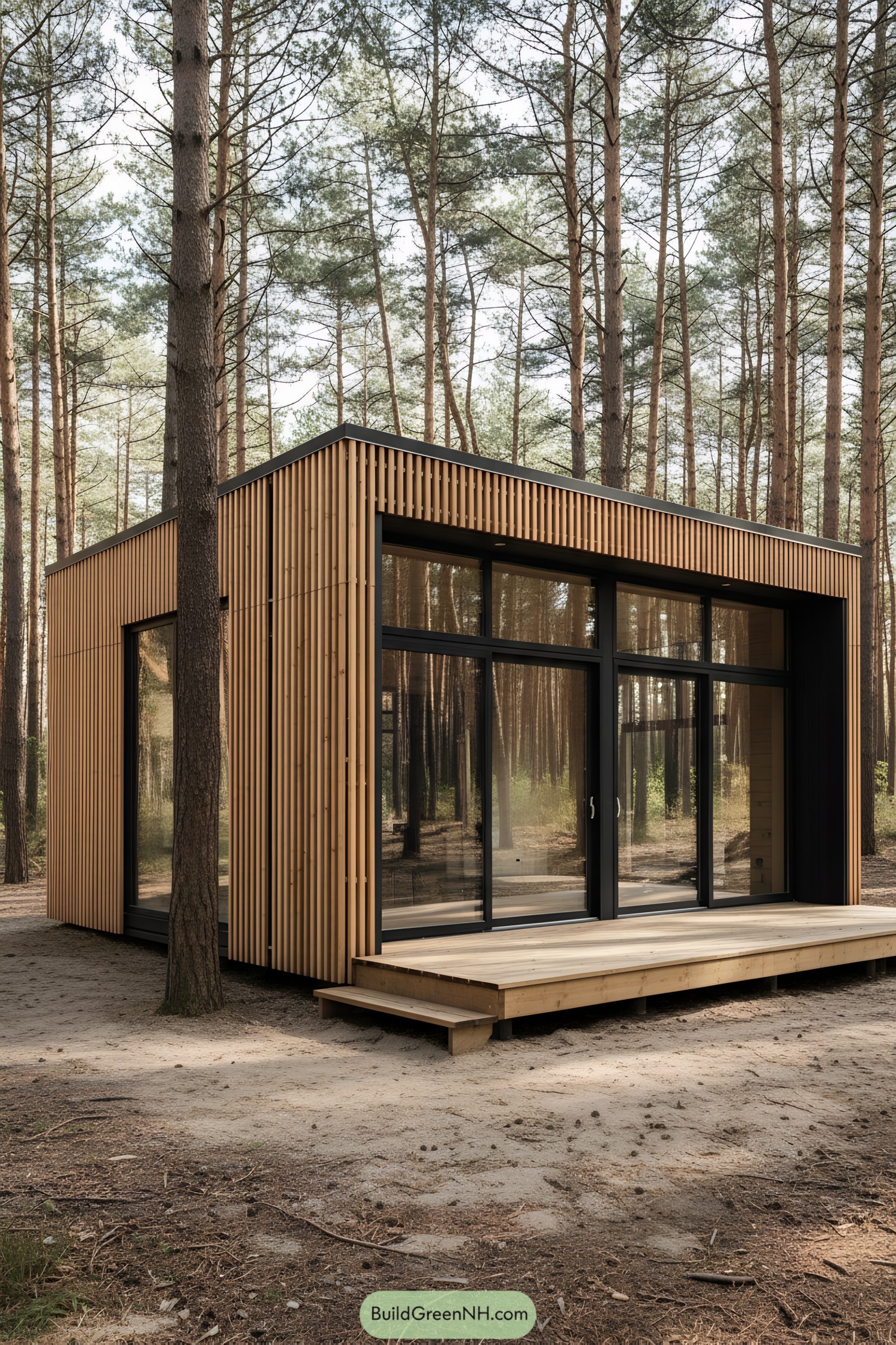 Flat-roof cabin with vertical timber slats and large black-framed glass in a pine forest