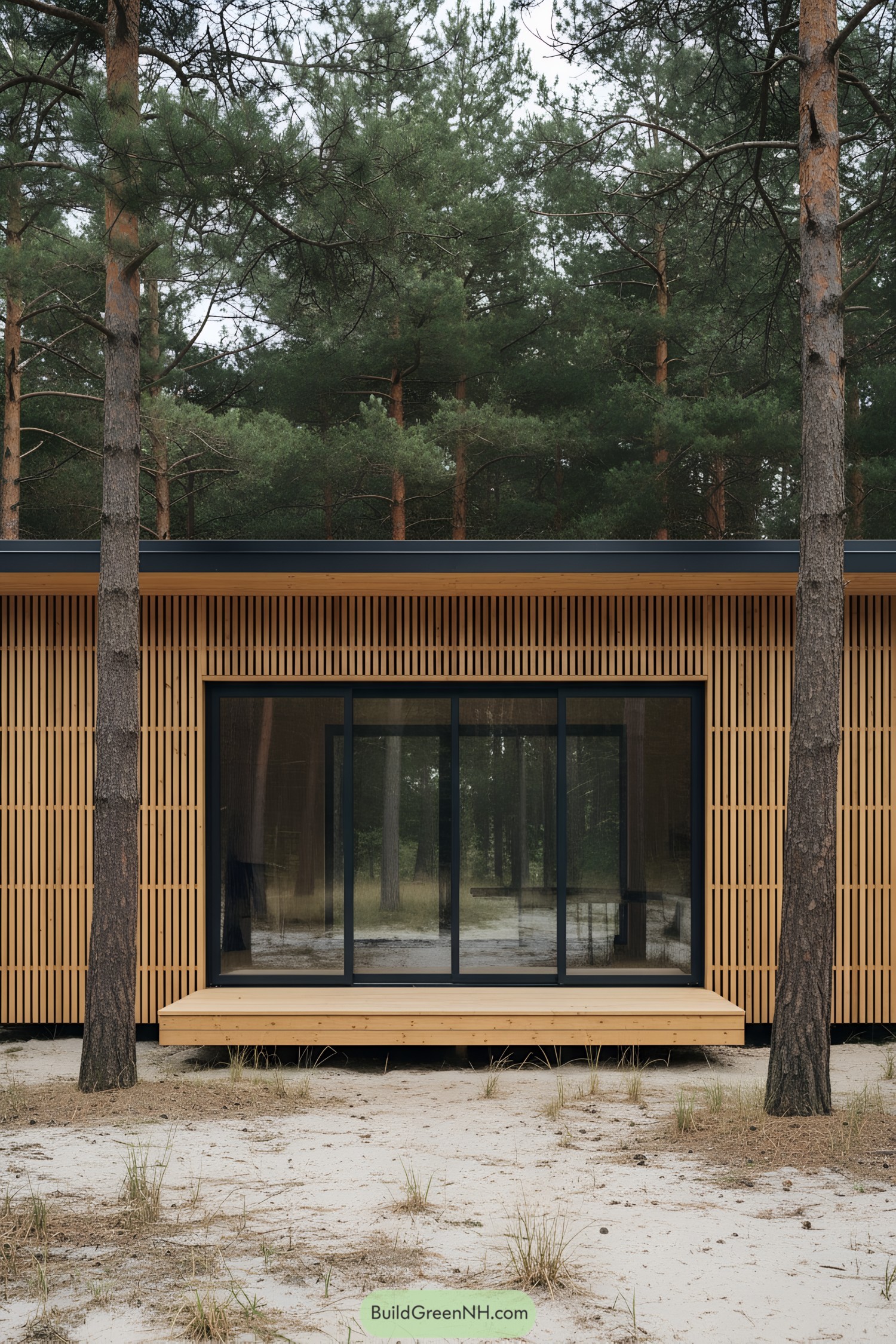 Woodland cabin with vertical timber screen, black trim, and sliding glass wall