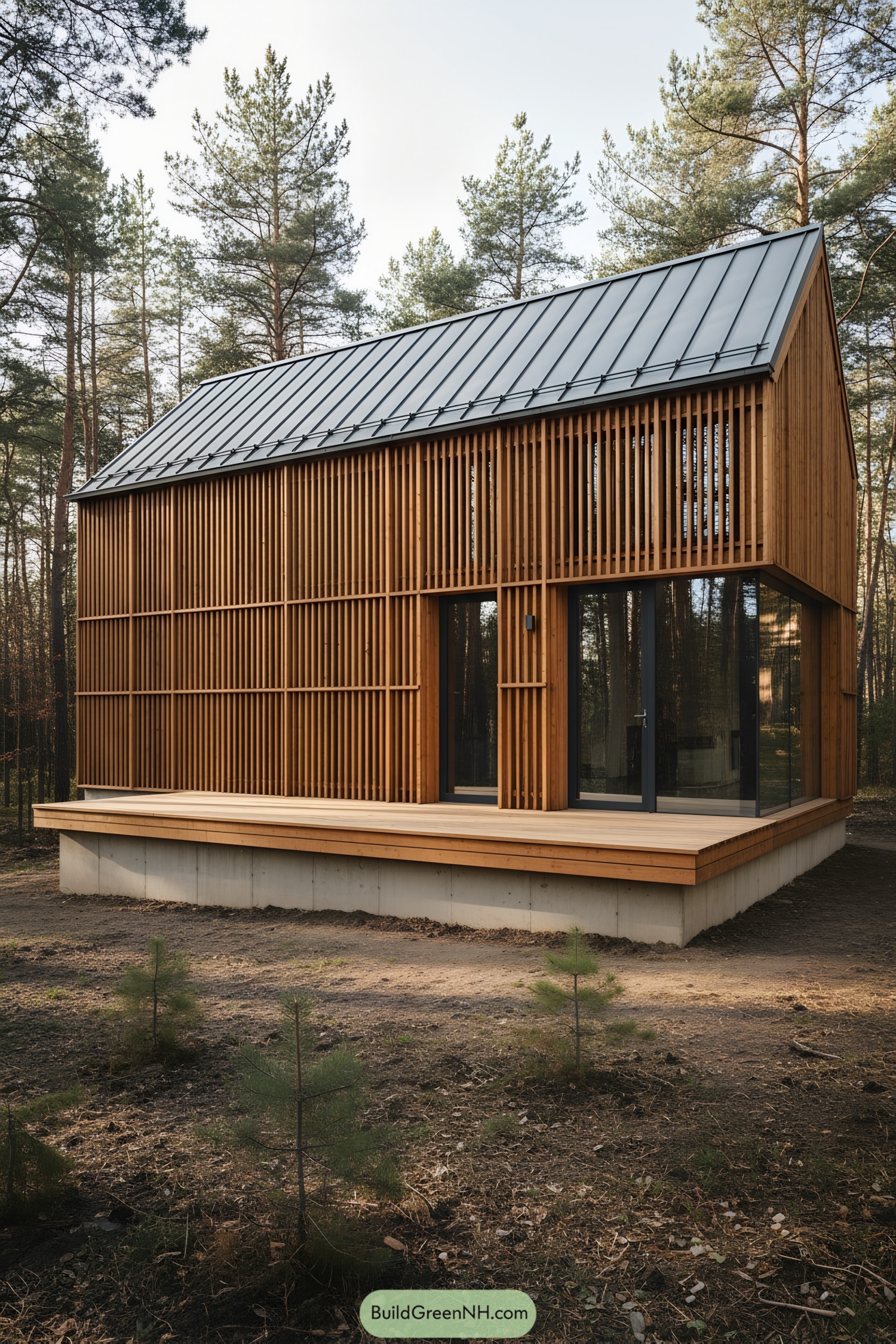 Modern cabin with vertical wood battens, metal gable roof, and glass corner on a raised deck in the woods