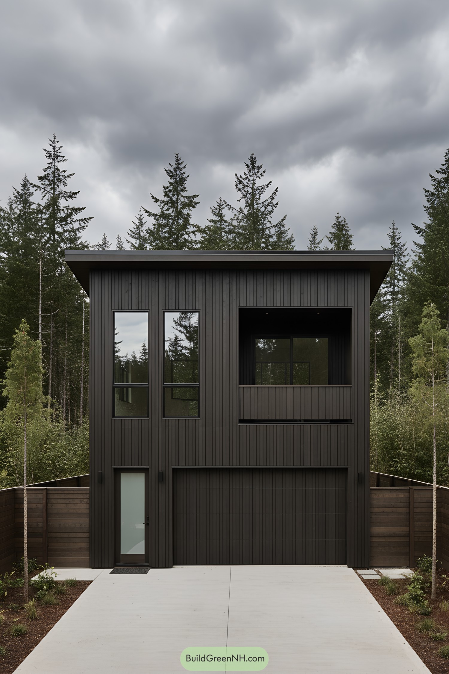 Two-story black timber house with vertical cladding, flat roof, and a recessed upper loggia over a concealed garage among conifers