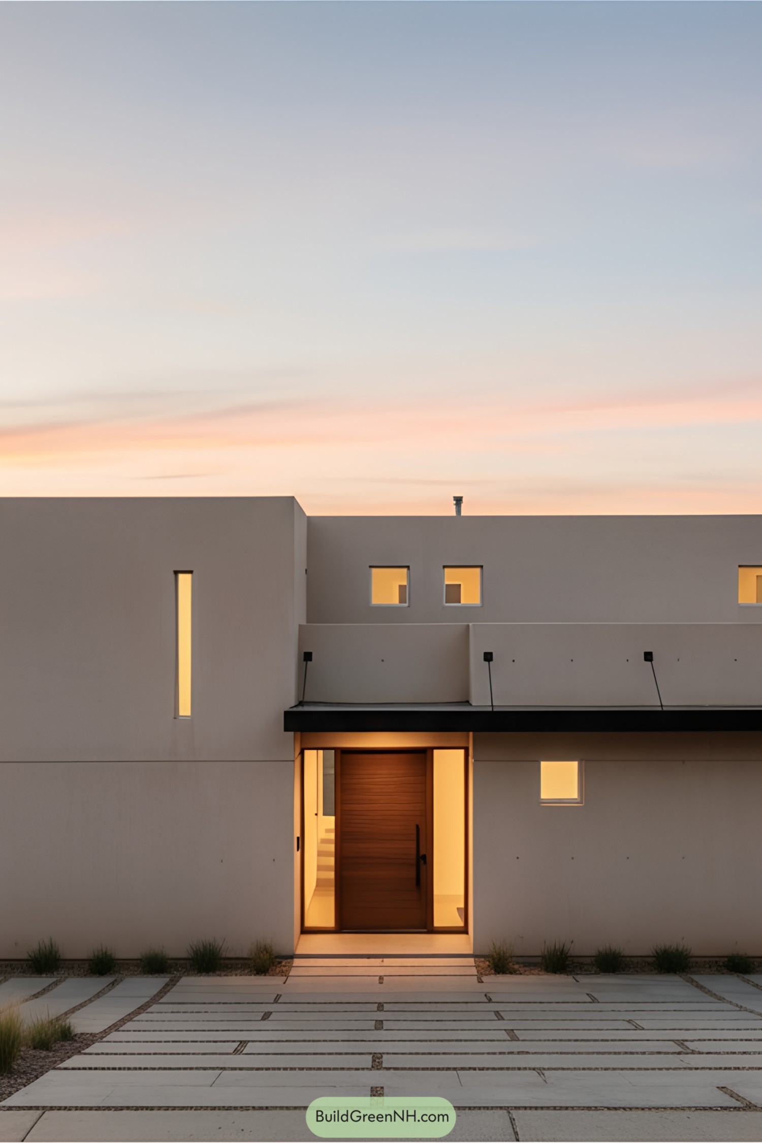 Modern concrete block house with warm lighting at dusk