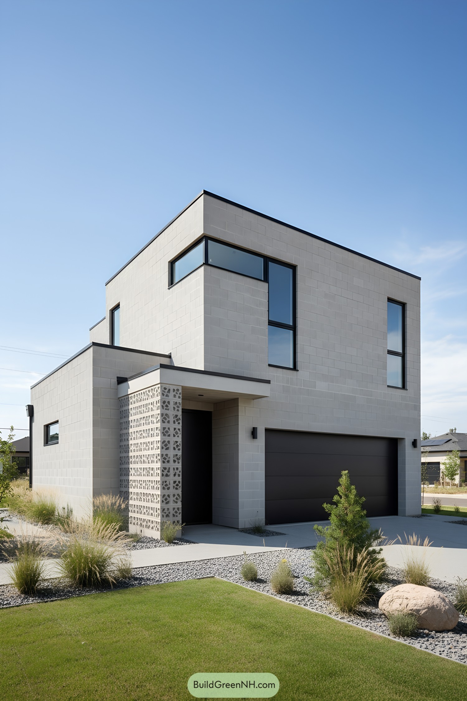 Modern concrete block house with large windows and minimalist design