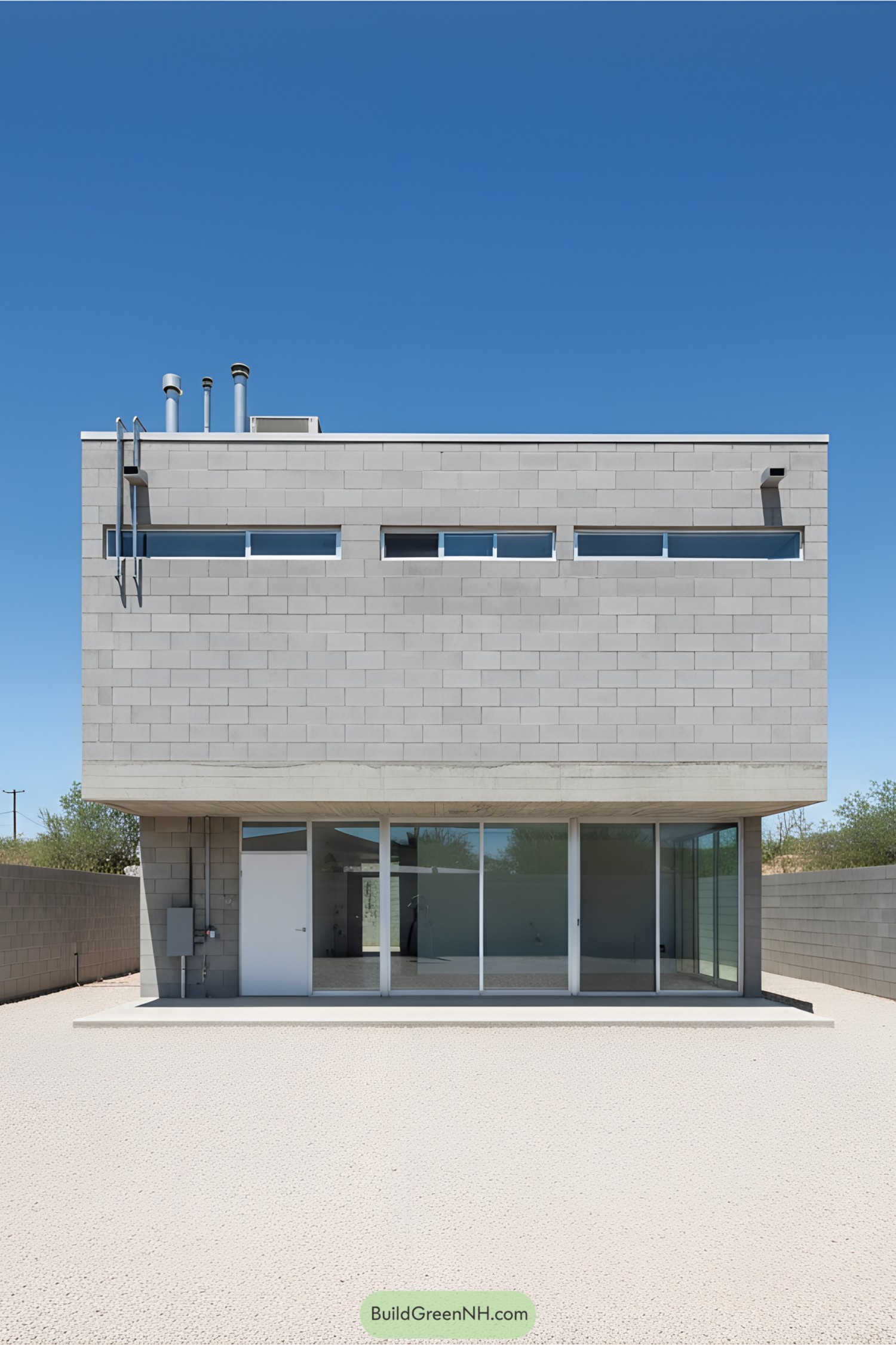 Modern concrete block house under a clear blue sky