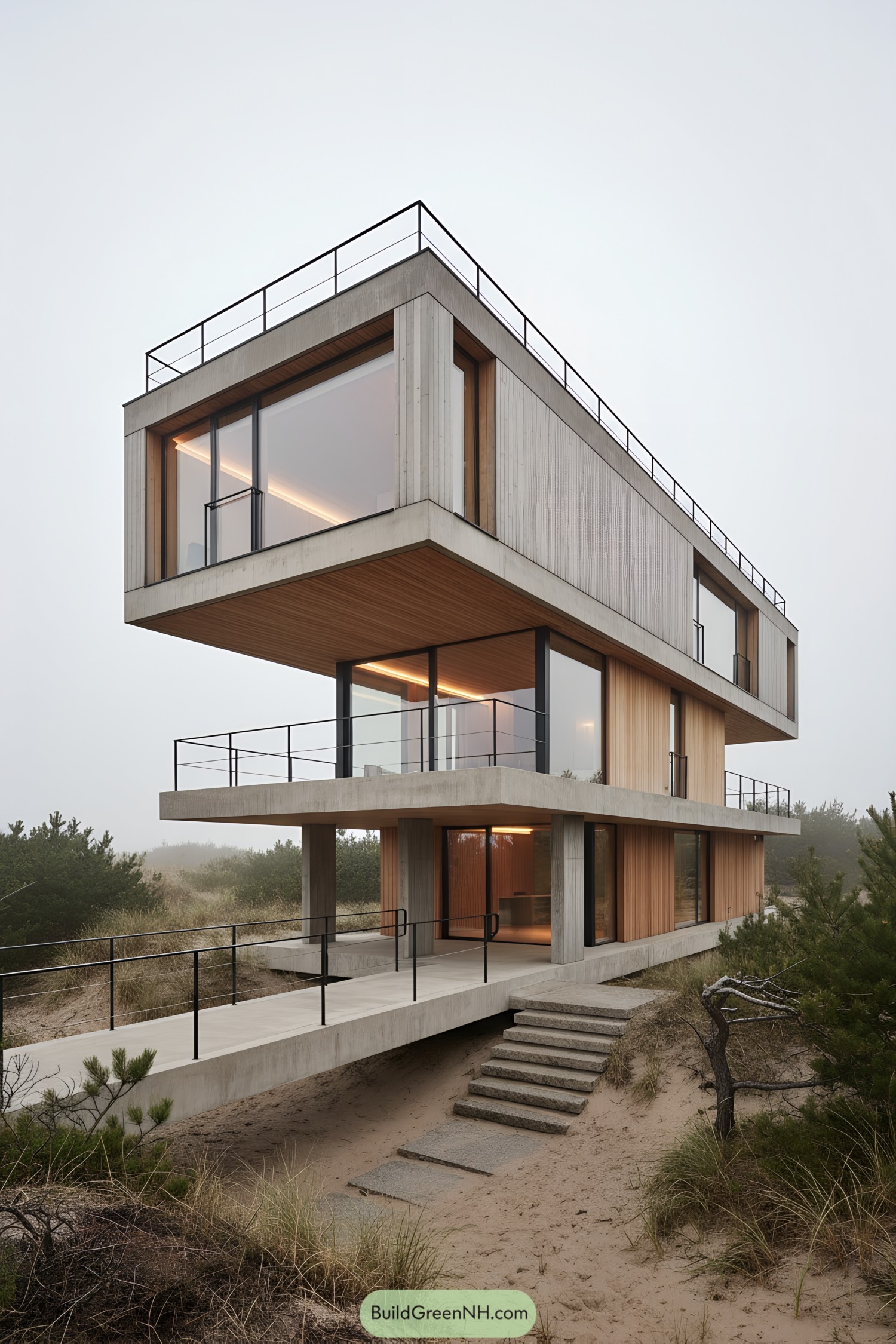 Stacked concrete-and-wood beach house with cantilevered terraces and wraparound railings