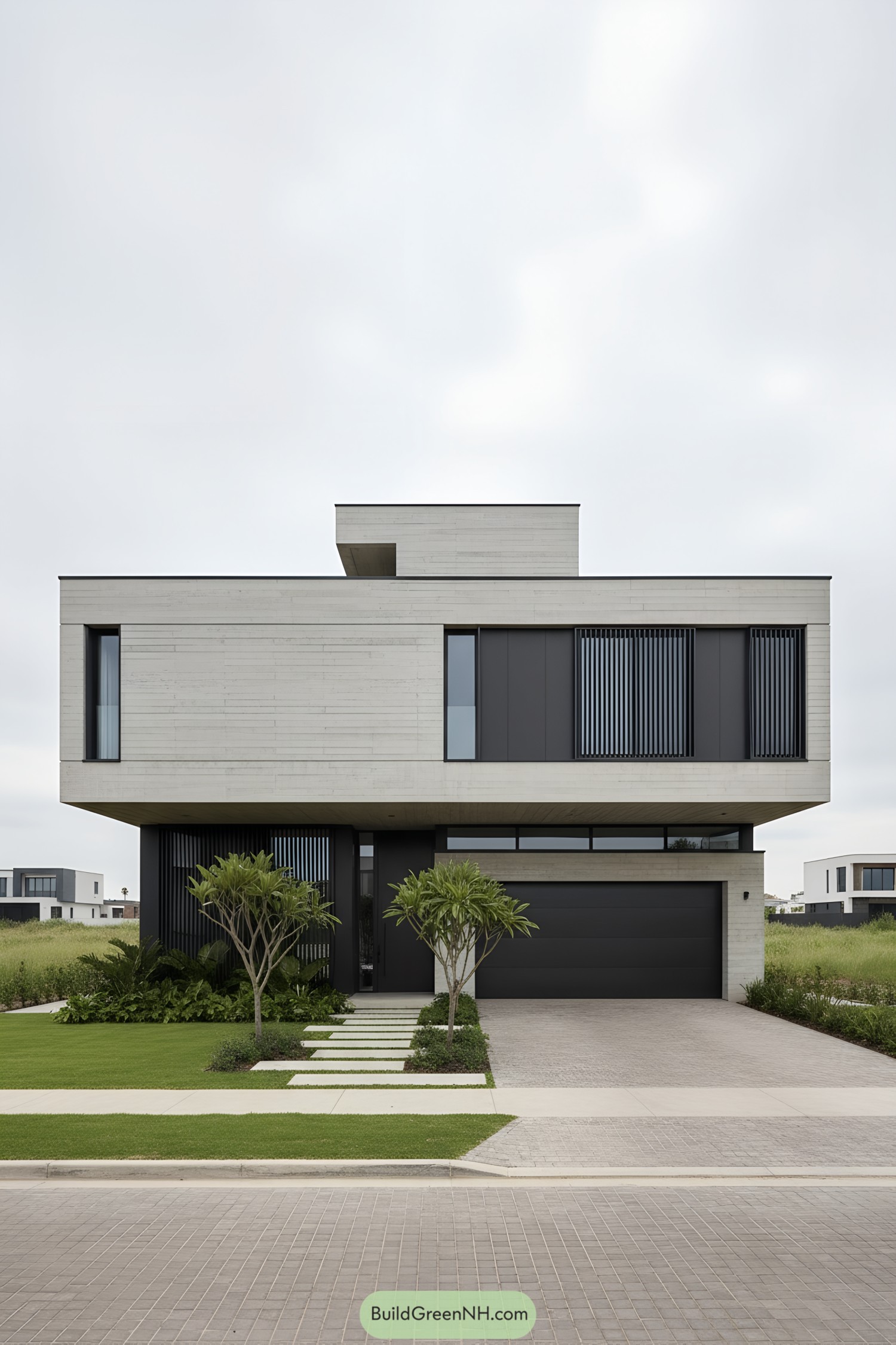 Two-story concrete home with cantilevered upper volume and vertical metal louvers