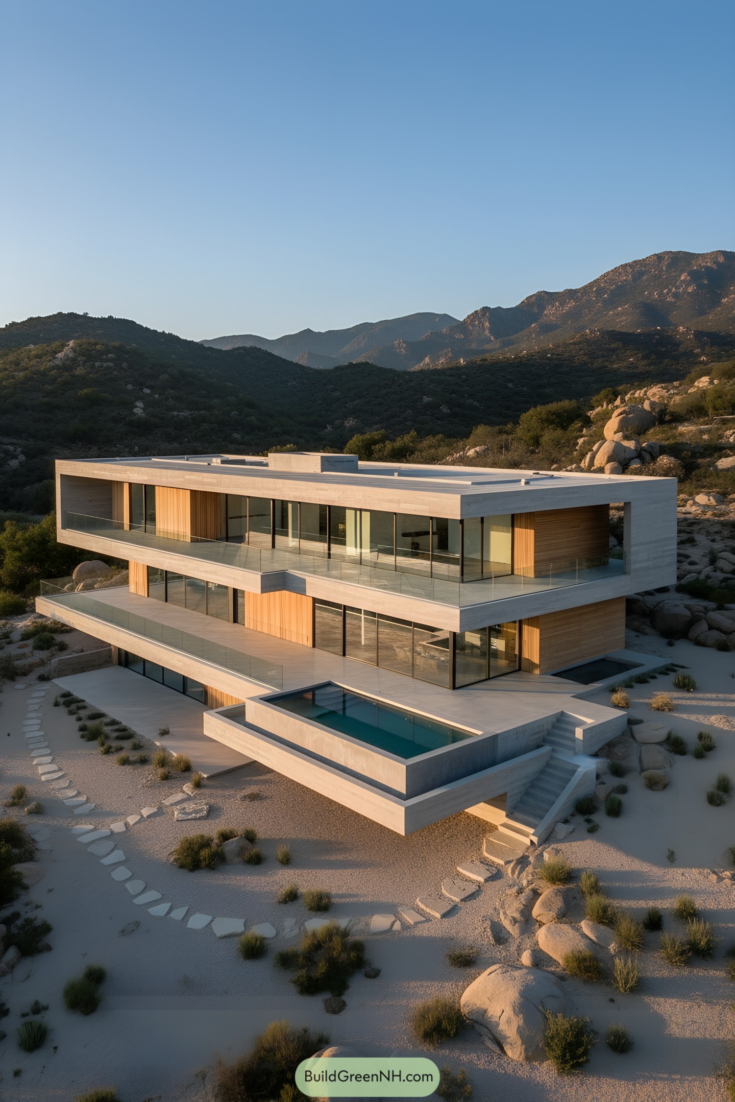 Tiered concrete villa with glass rails and cantilevered pool