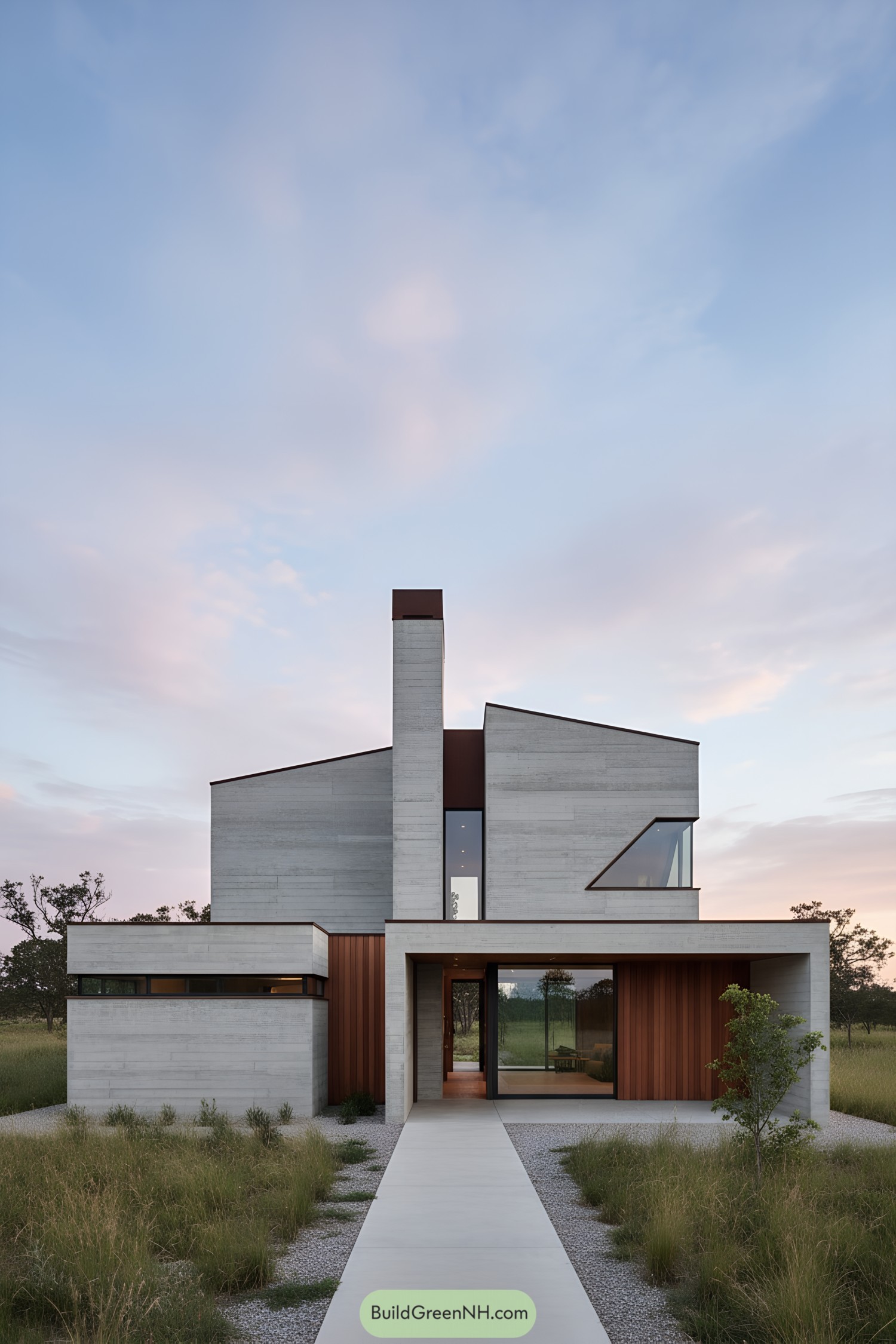 Two-story concrete home with sharp rooflines and warm wood accents