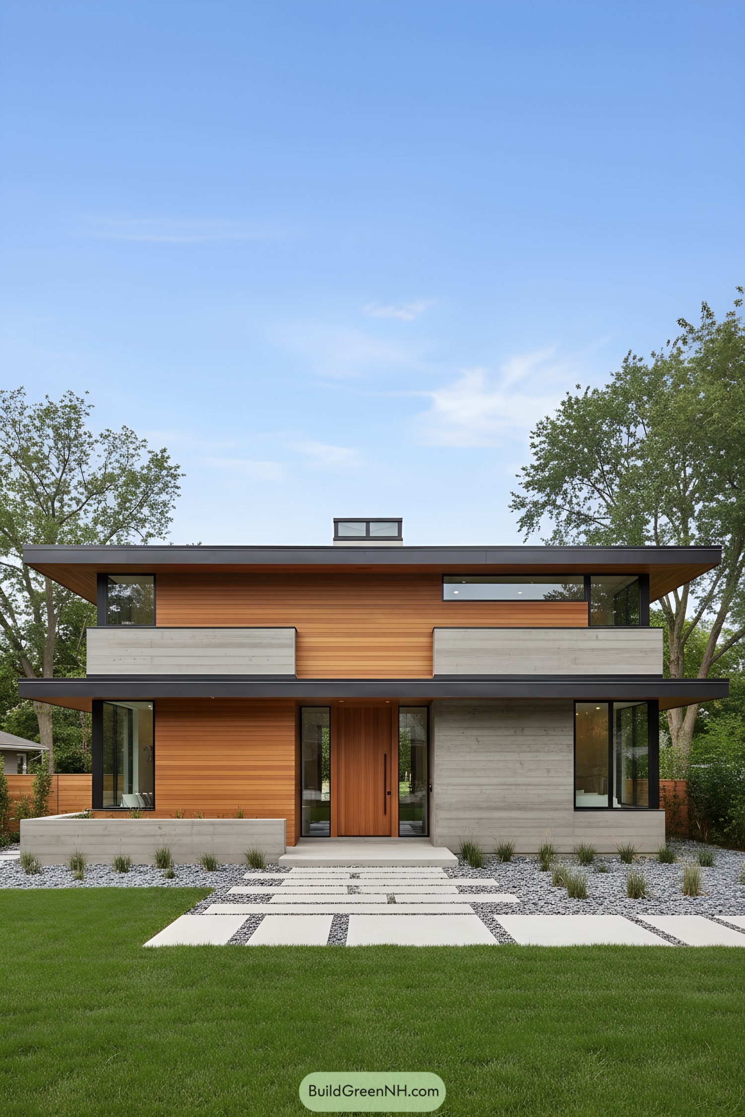 Two-story modern house with wood siding, concrete bands, and deep roof overhangs
