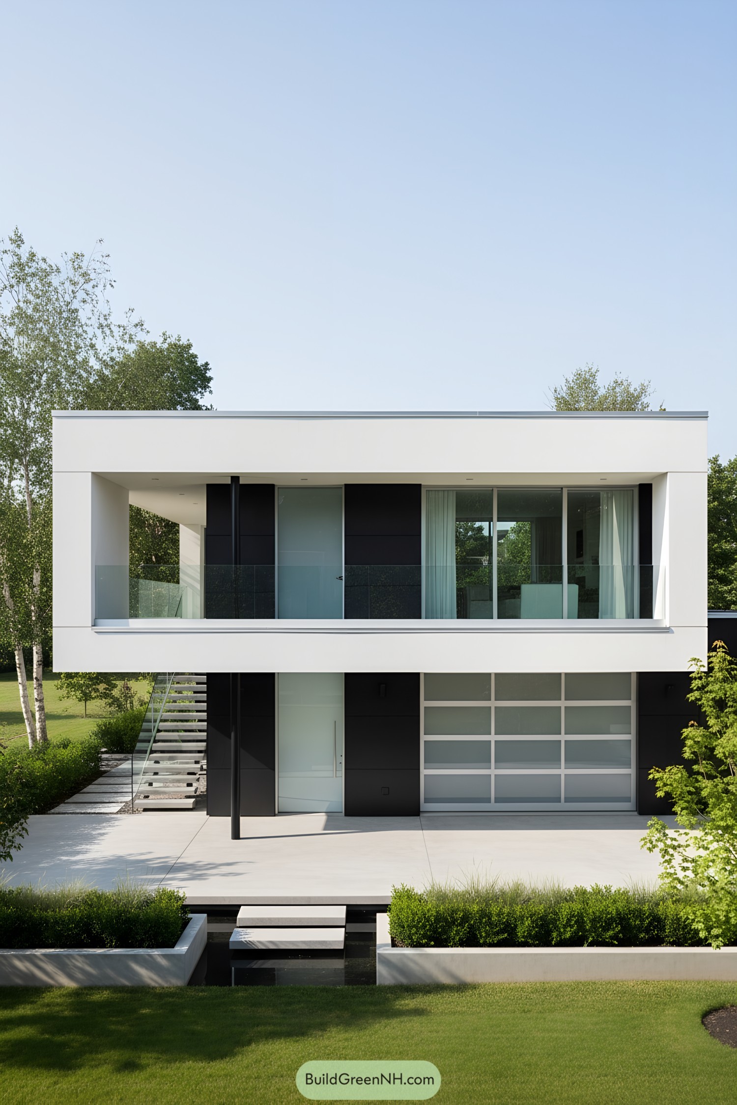 Two-story white-and-black concrete home with glass-balustraded balcony and floating side stair