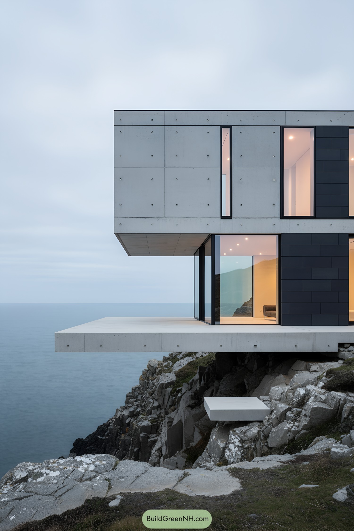 Minimalist concrete home perched over ocean