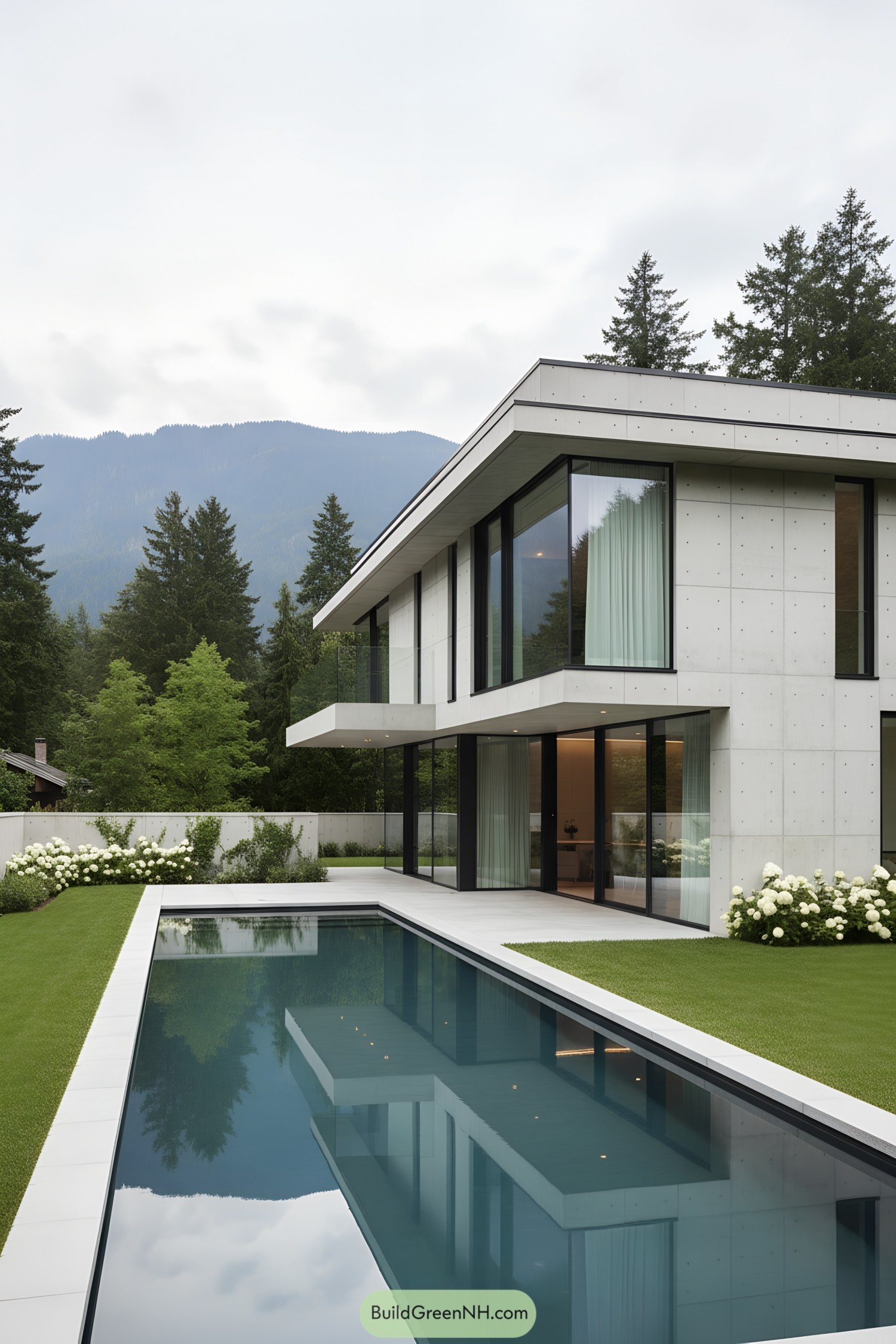Two-story concrete house with glass walls and lap pool