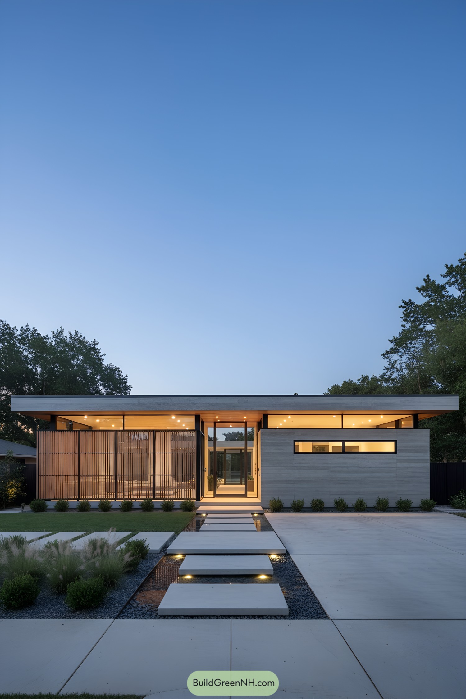 Low concrete pavilion with slatted screens, floating steps, and warm interior glow