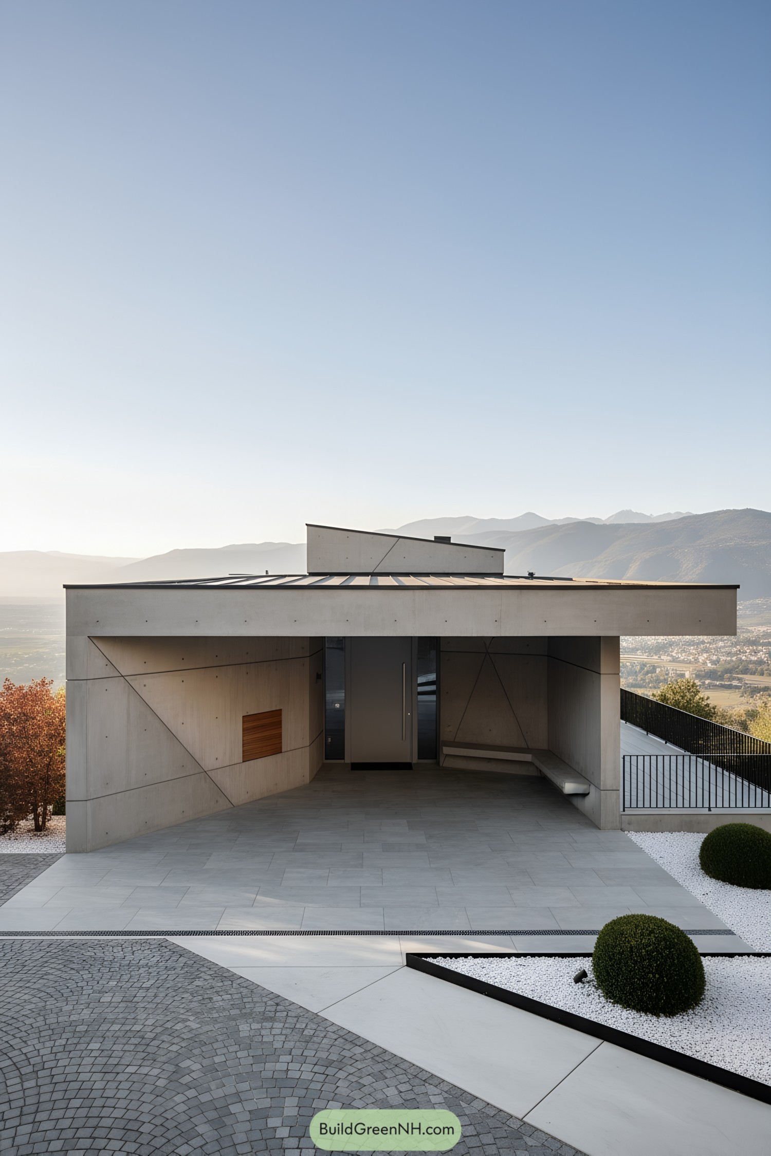 Hillside concrete house with angular roof and framed views