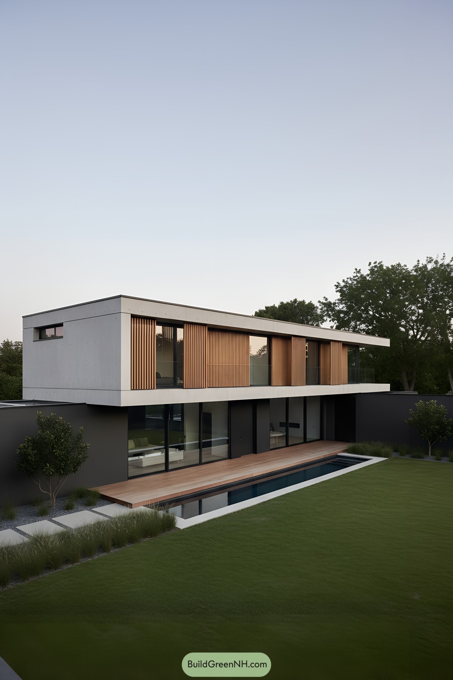 Two-story concrete home with wood slat screens and a lap pool