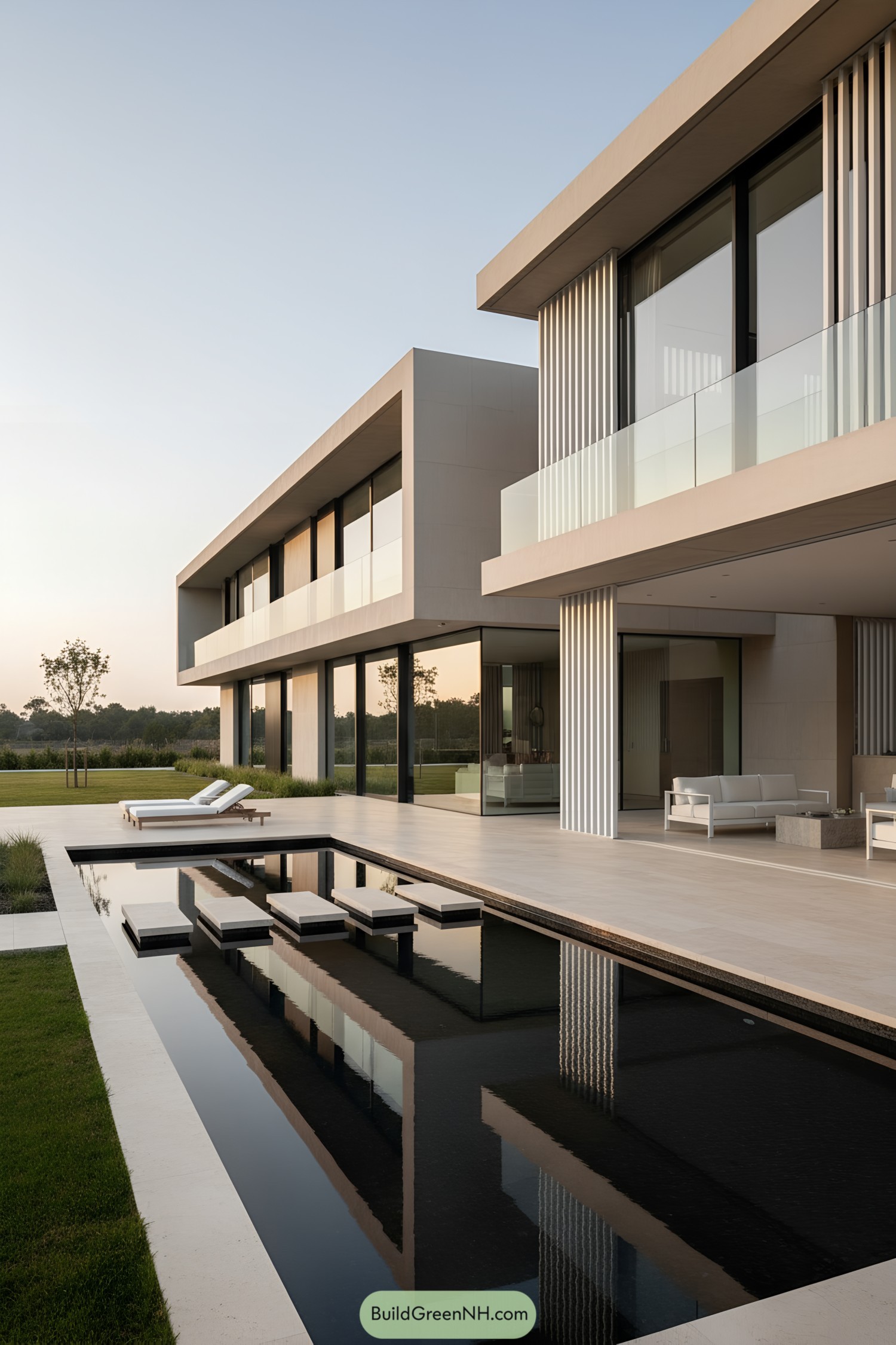 Minimalist concrete villa with stepping-stone lap pool