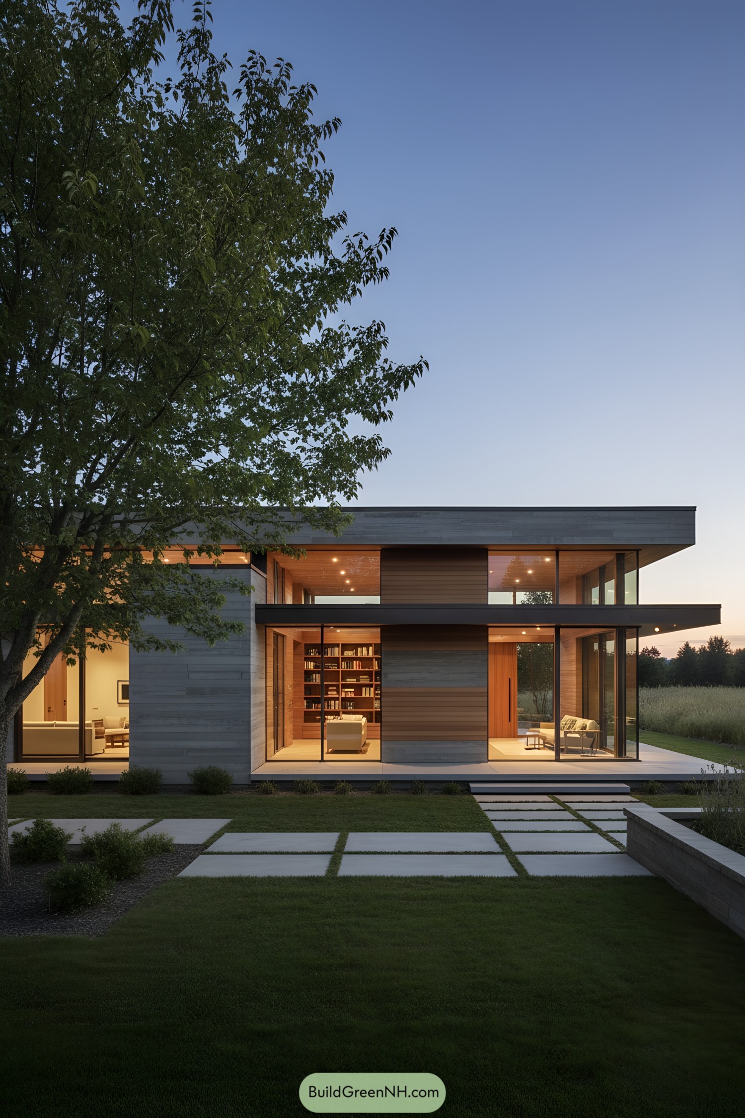 Two-story concrete and wood modern home with wraparound glass