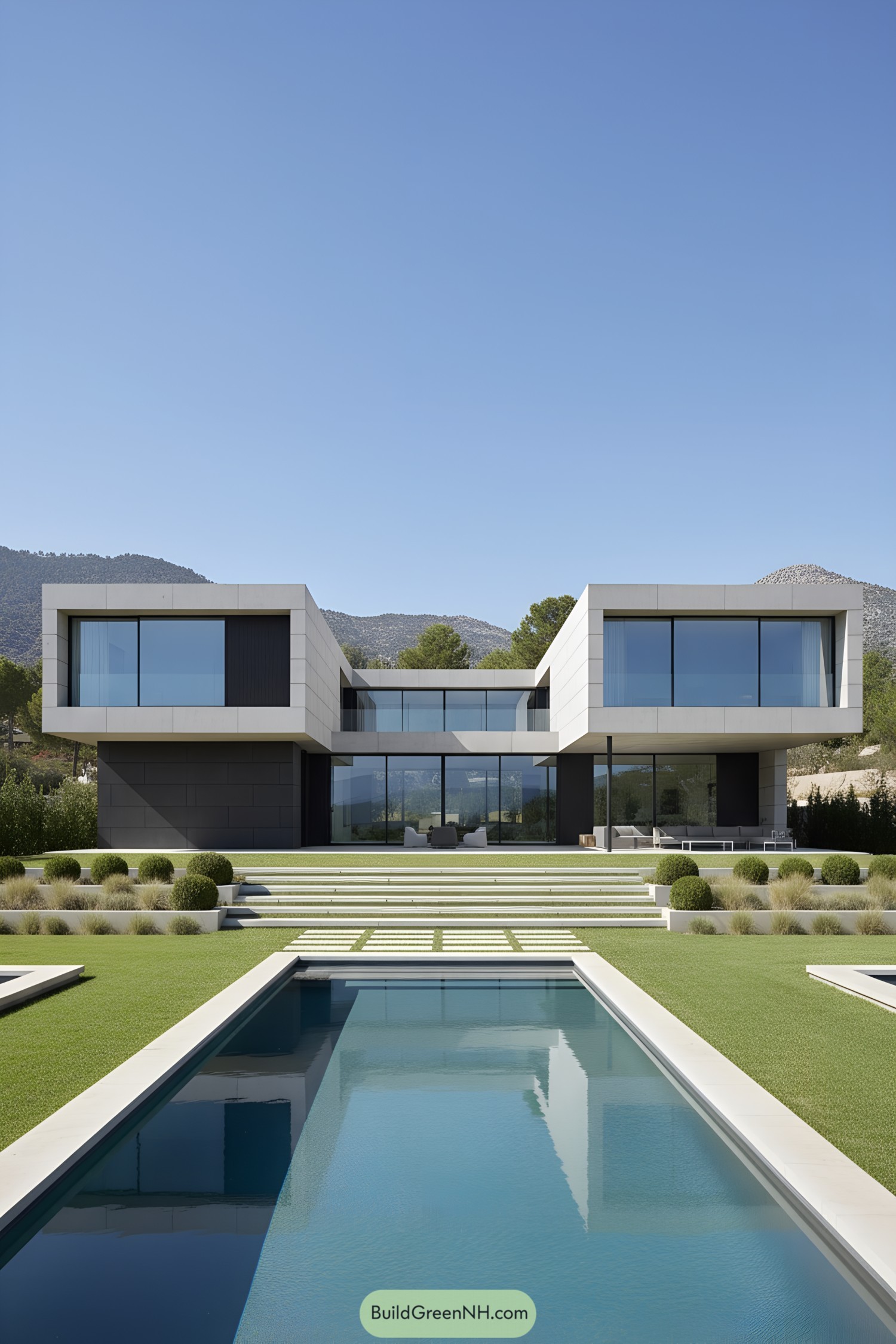 Minimalist concrete villa with glassy wings and pool