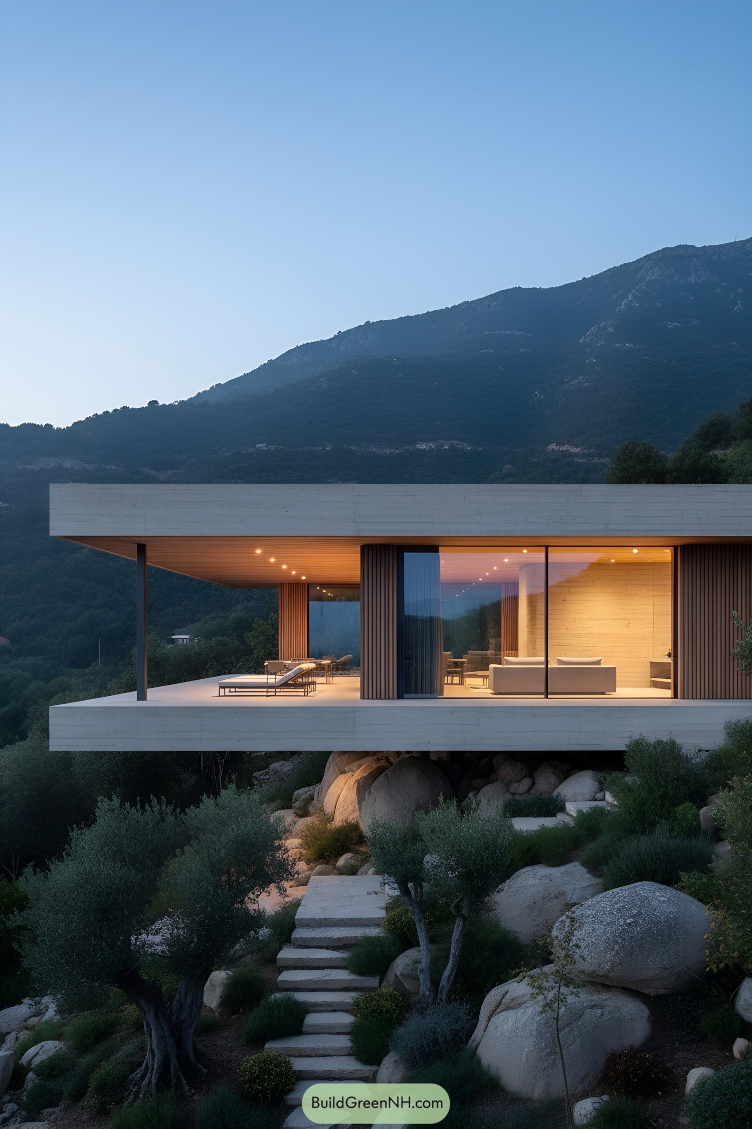 Minimalist concrete pavilion perched over boulders at dusk