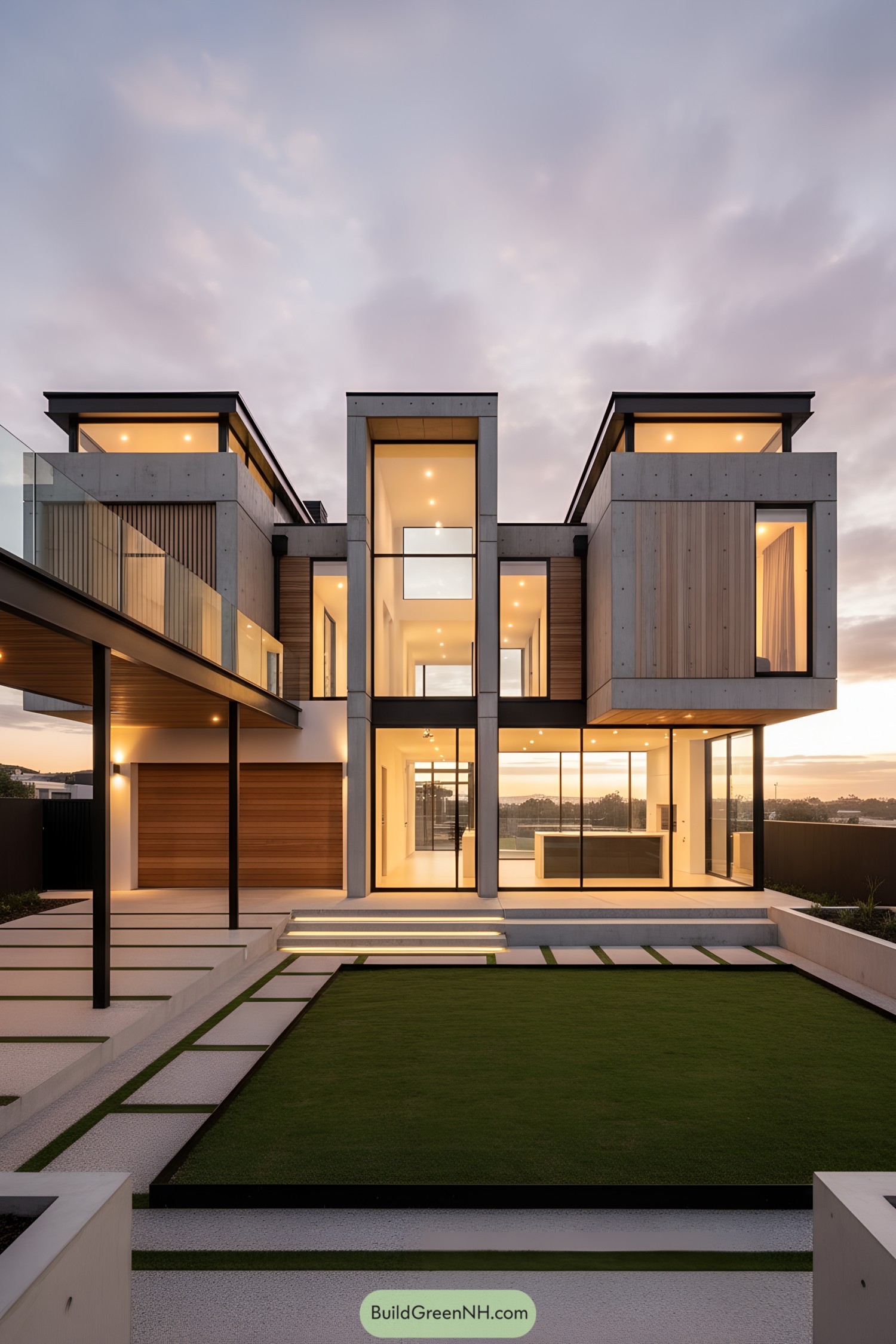 Modern concrete house with glassy atrium and wood accents at dusk