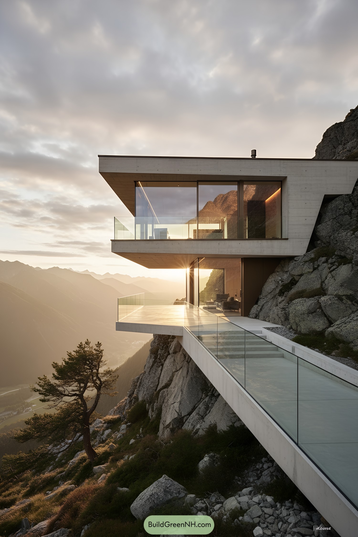 Cantilevered concrete home with glass terraces