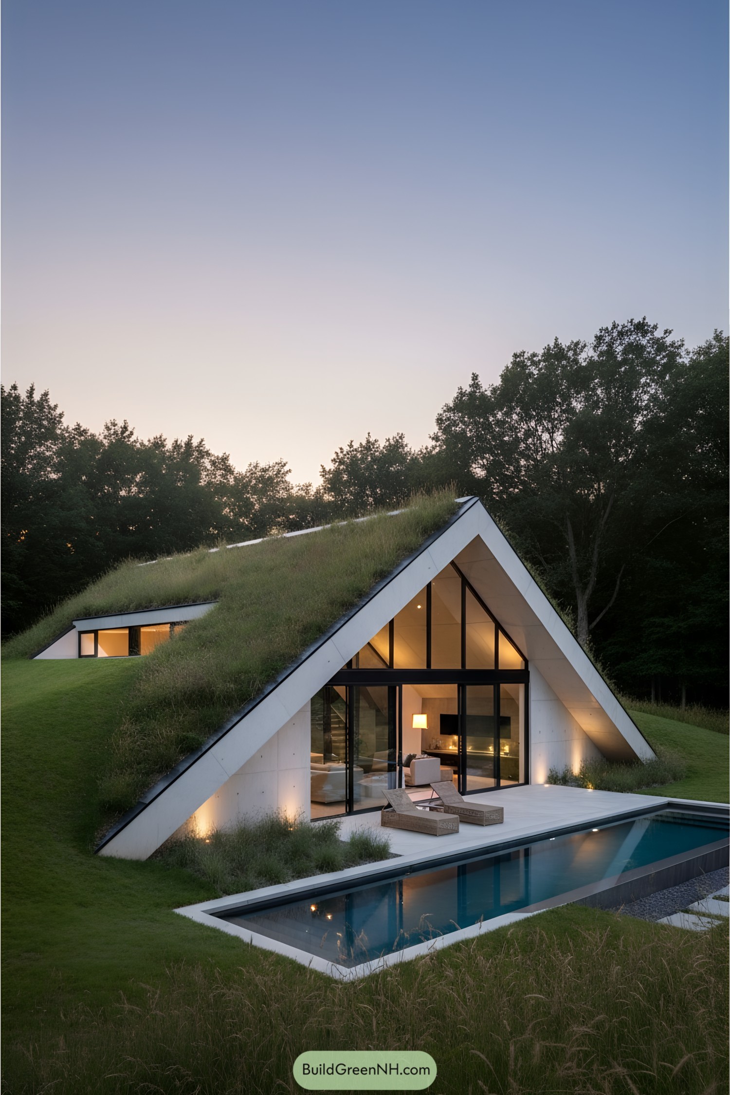 Eco-friendly house with a grassy roof by a pool