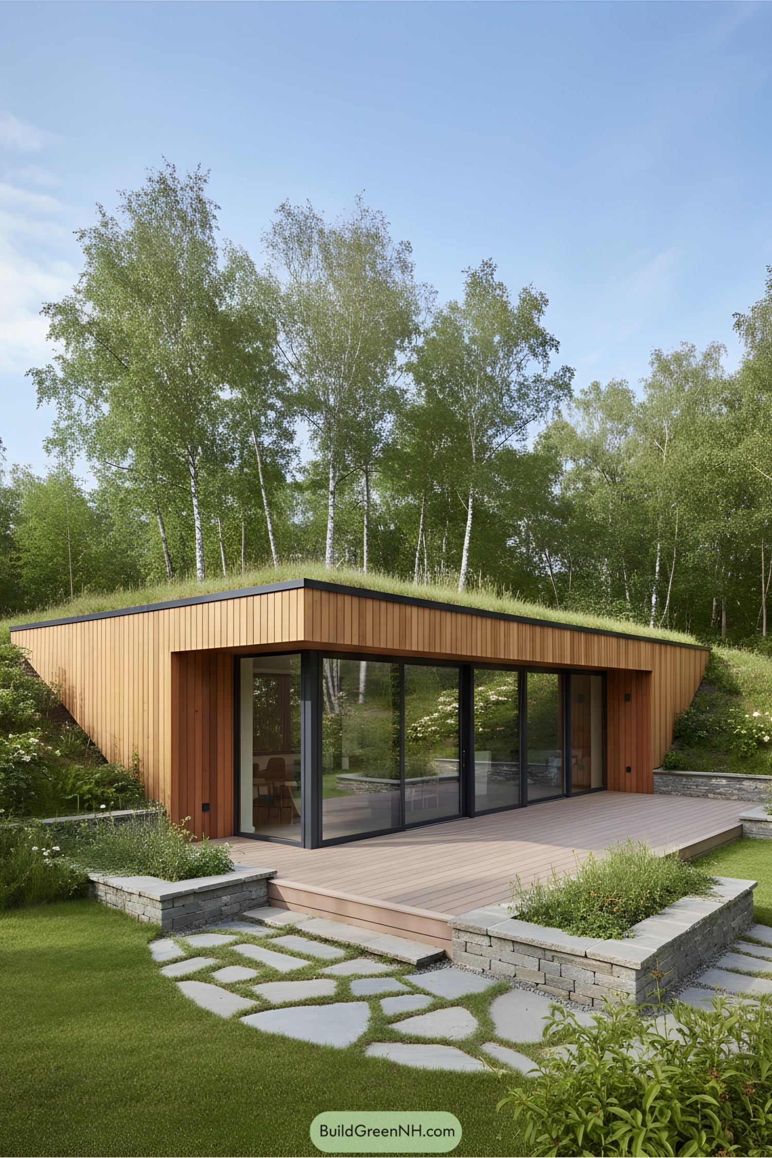 Modern earth-sheltered house with a green roof in a forest setting