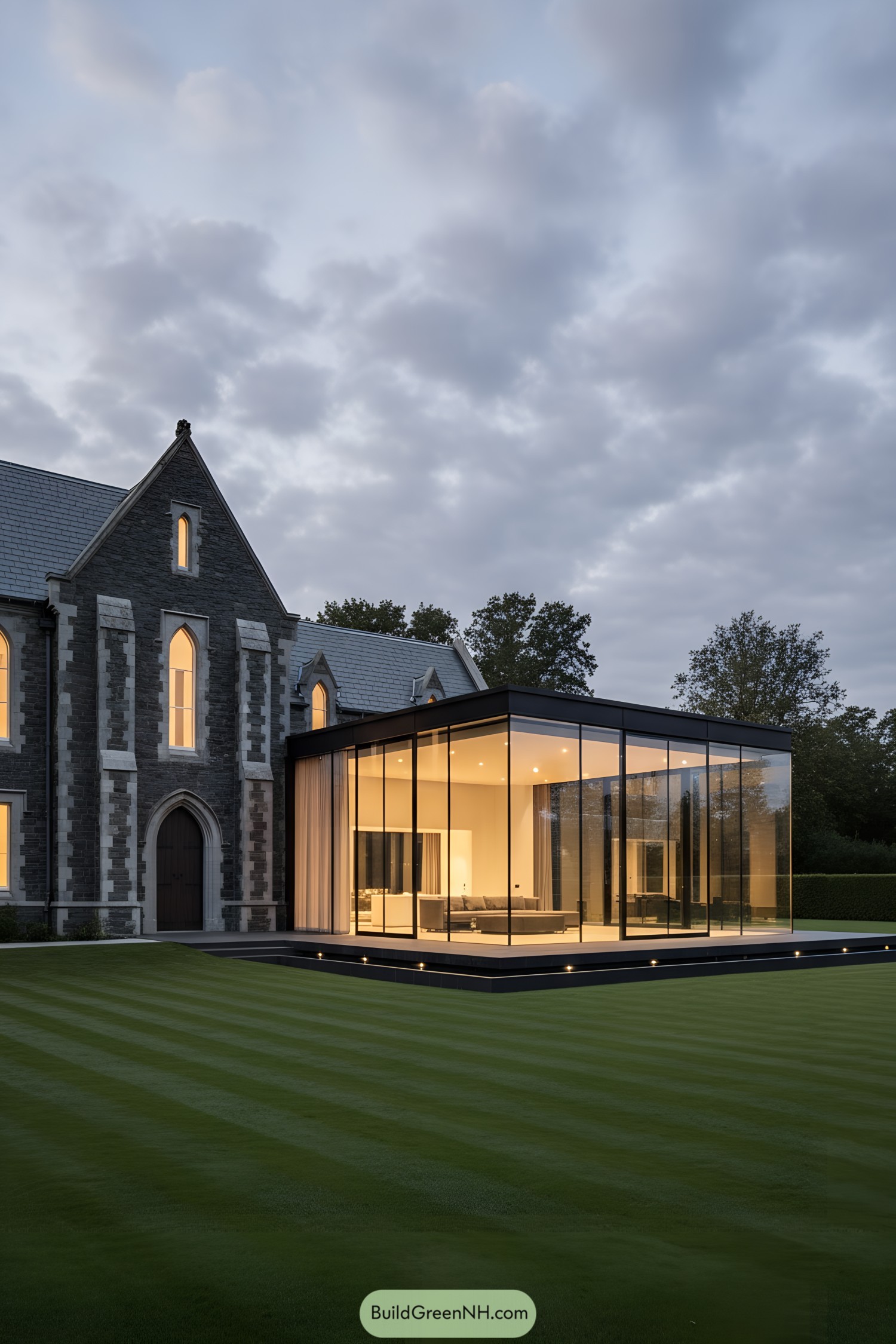 Modern glass annex beside stone manor at dusk