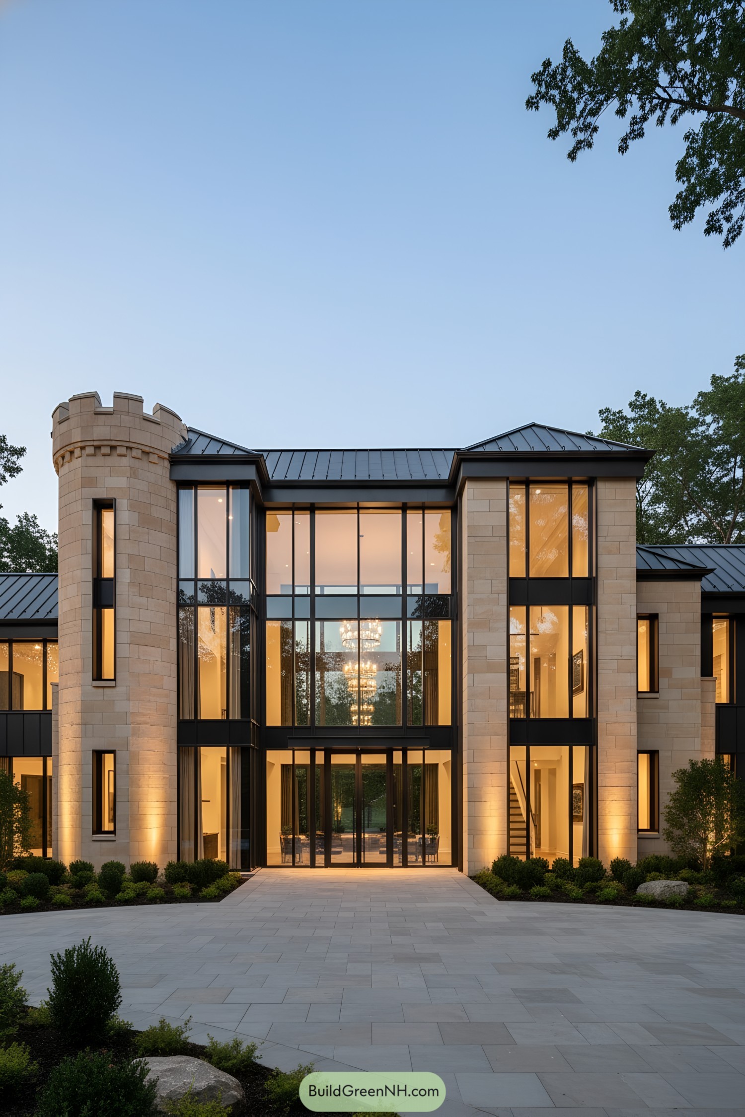 Modern glass-fronted castle with lit turret