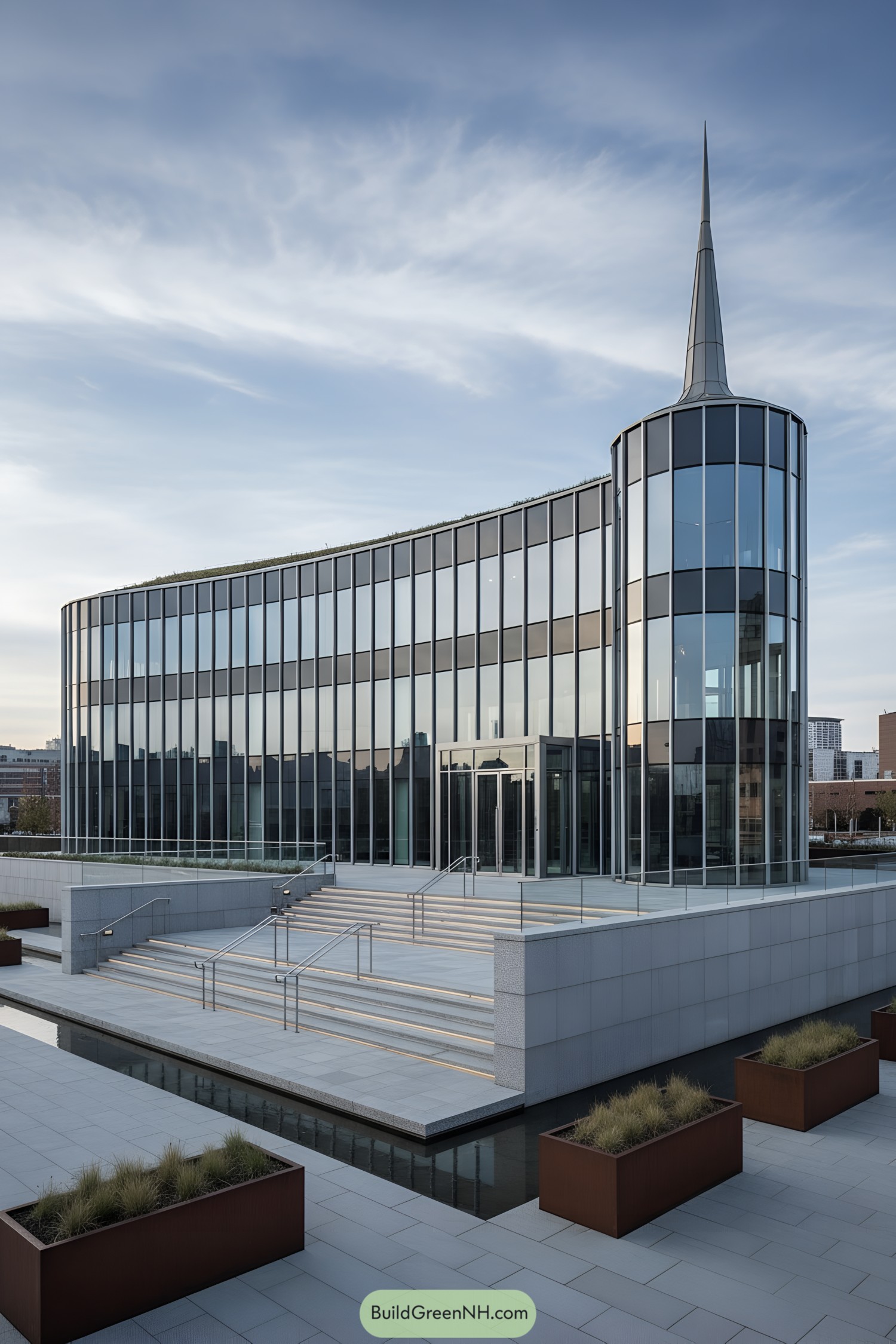 Modern glass pavilion with curved facade and tall spire