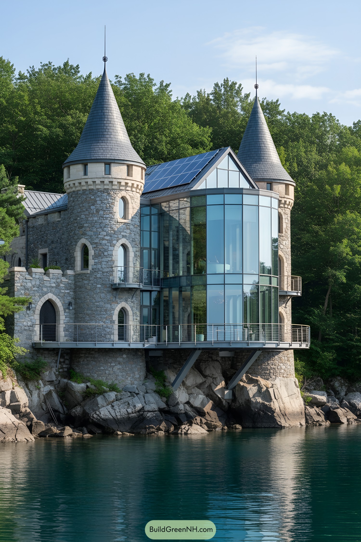 Stone castle with modern glass bay and turrets