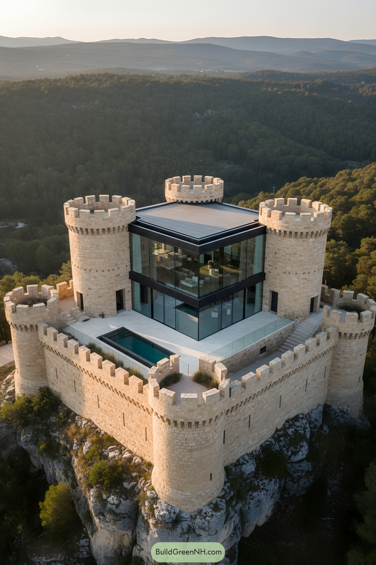 Modern glass pavilion atop medieval stone fortress