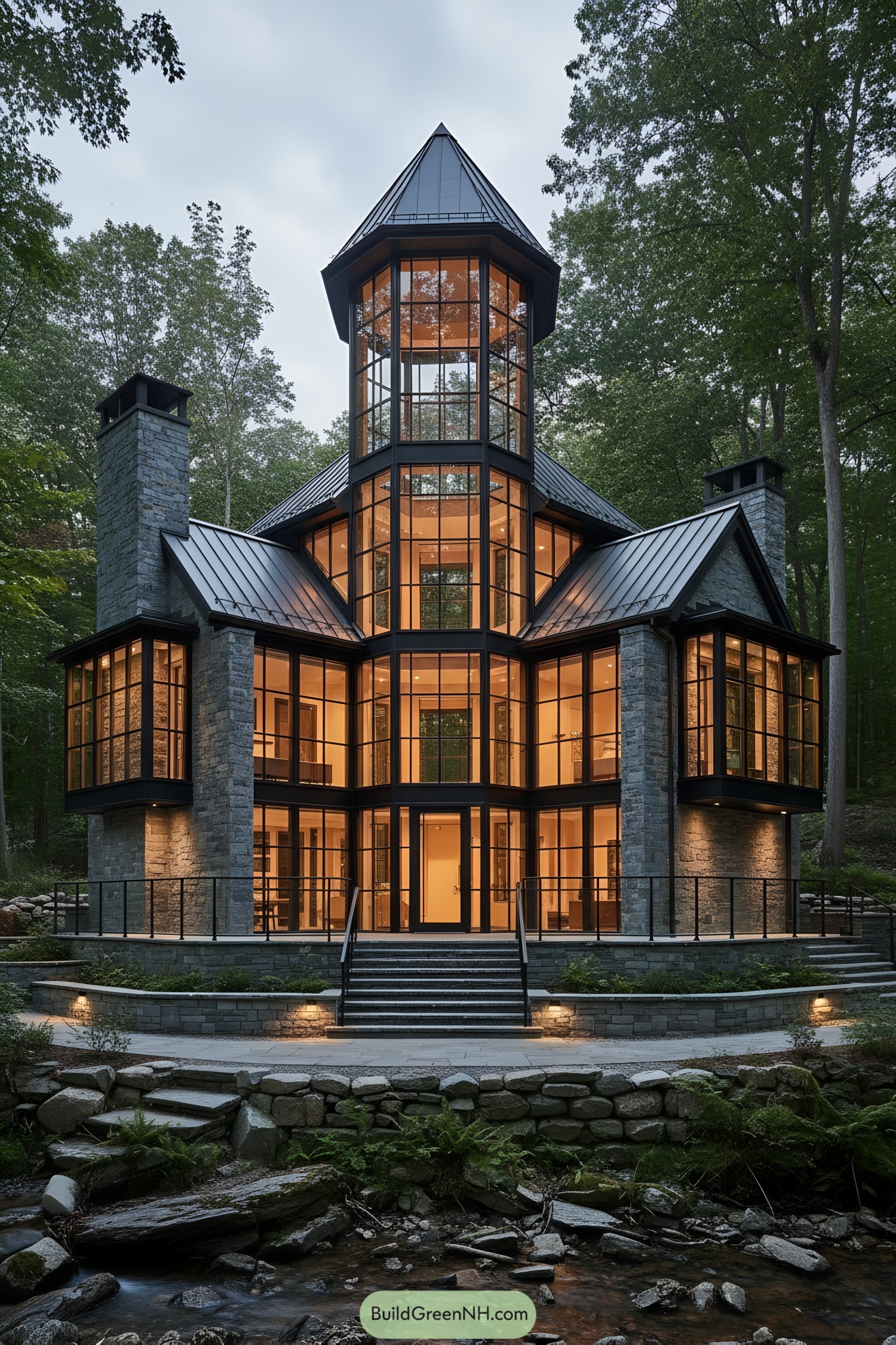 Glass-and-stone modern castle glowing at dusk
