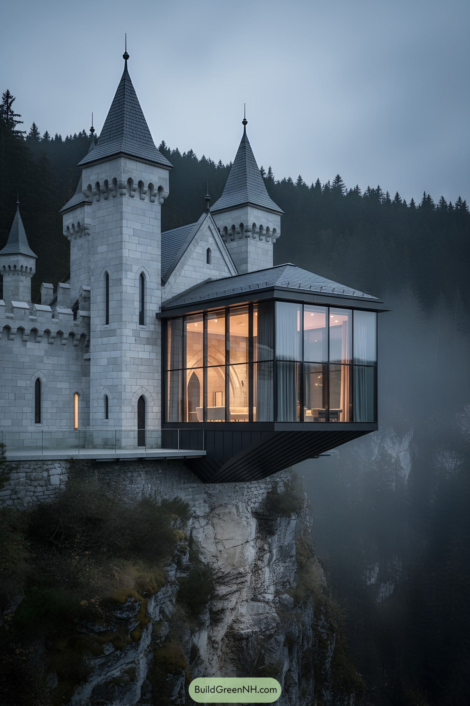 Modern glass room cantilevered from stone castle over cliff, glowing at dusk