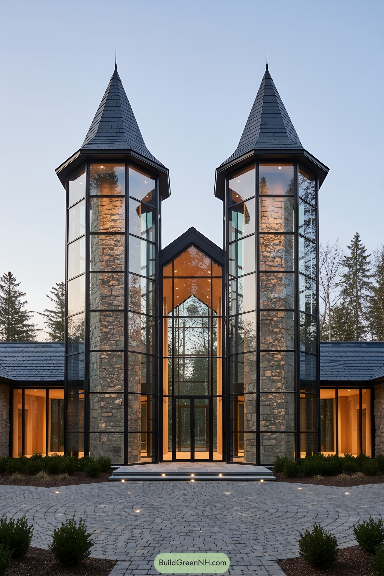 Modern stone-and-glass twin-towered entry pavilion