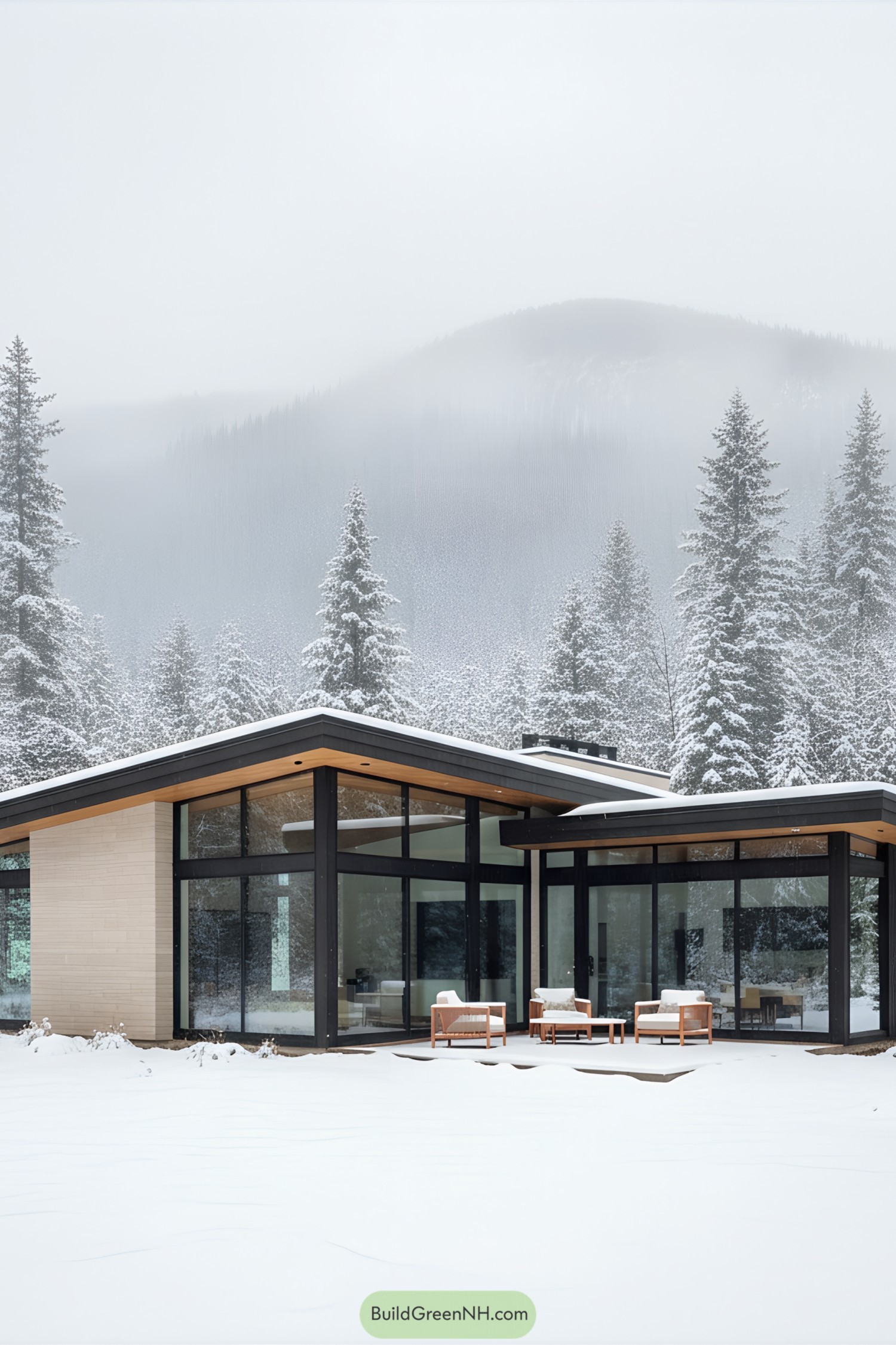 Modern house surrounded by snowy trees and mountains