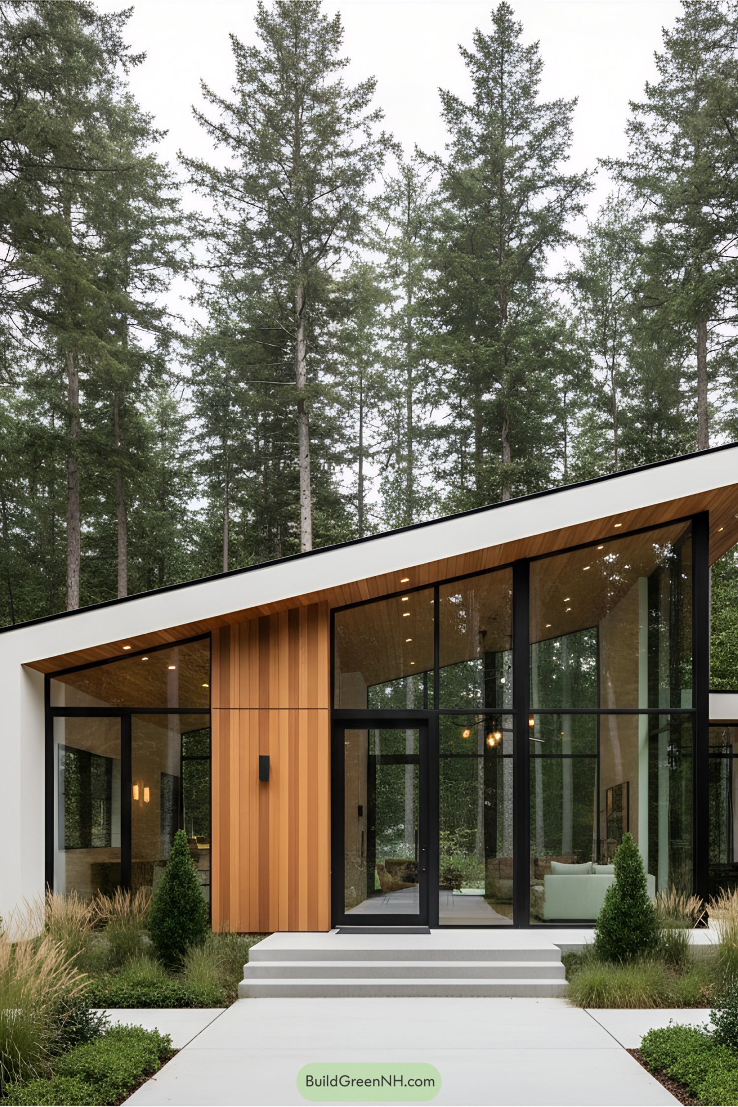 Modern house with glass walls in a forest setting