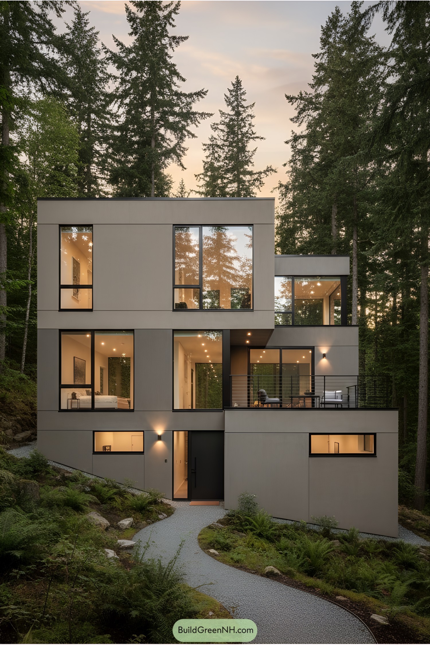 Modern house nestled among tall trees