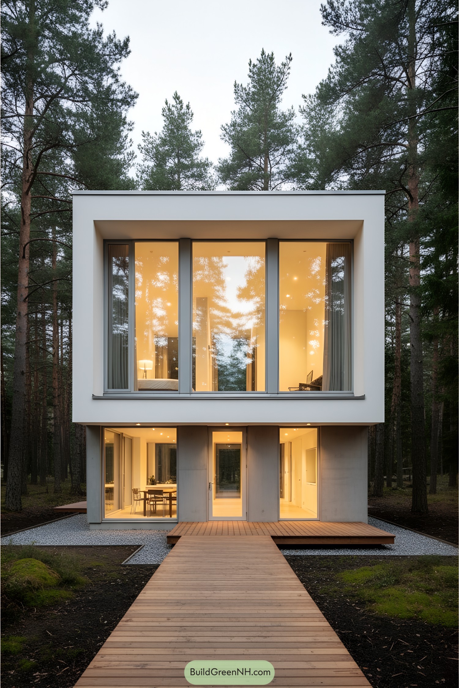 Modern house with large windows nestled in a pine forest