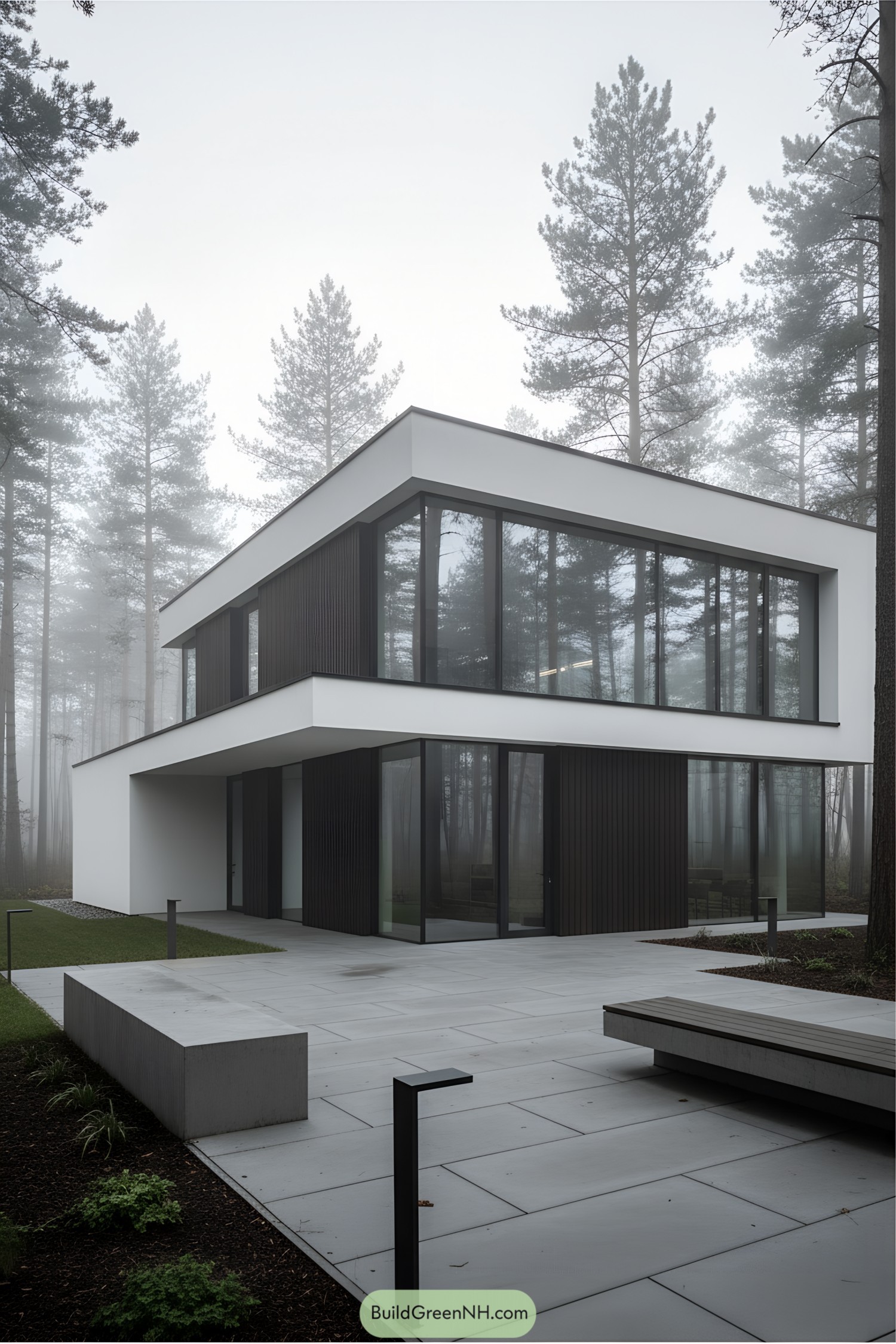 Contemporary house in a foggy forest