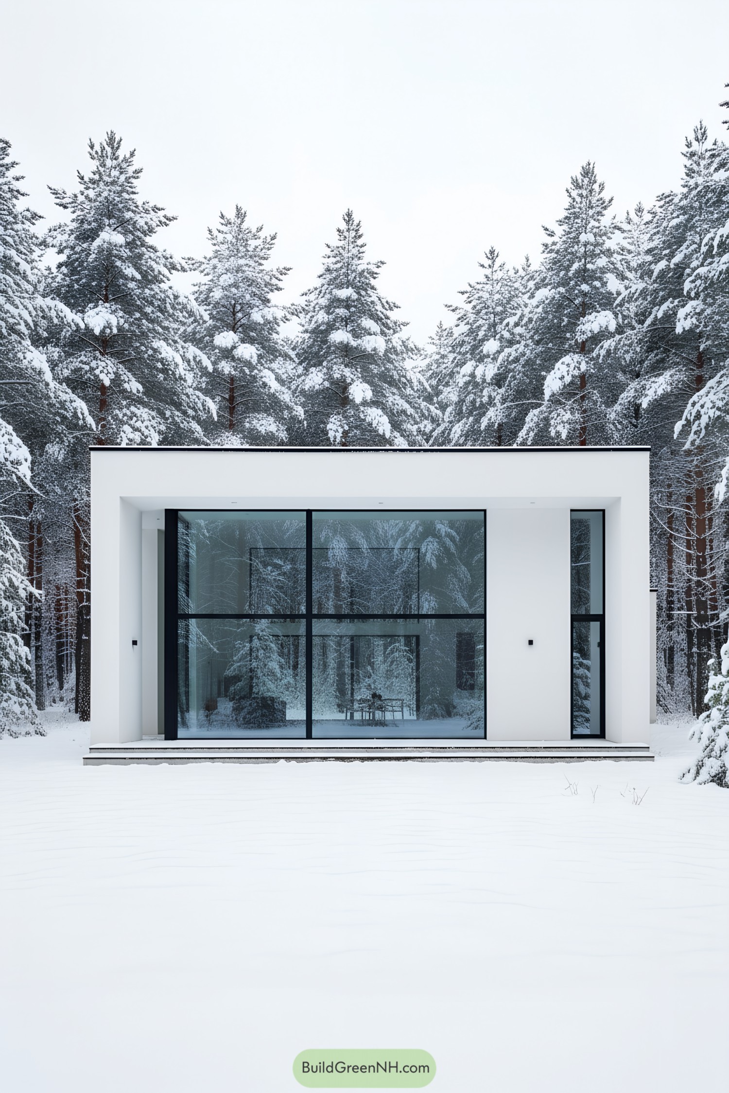 Modern house with large glass windows in a snowy forest setting