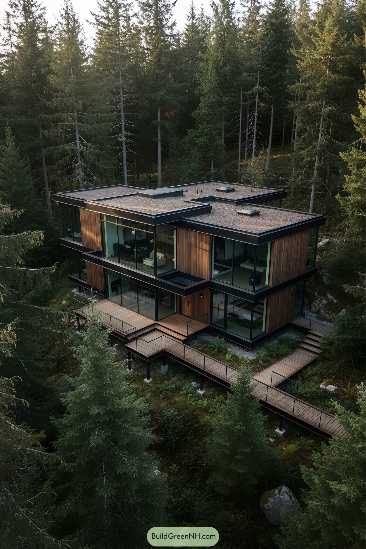 Modern house surrounded by towering trees