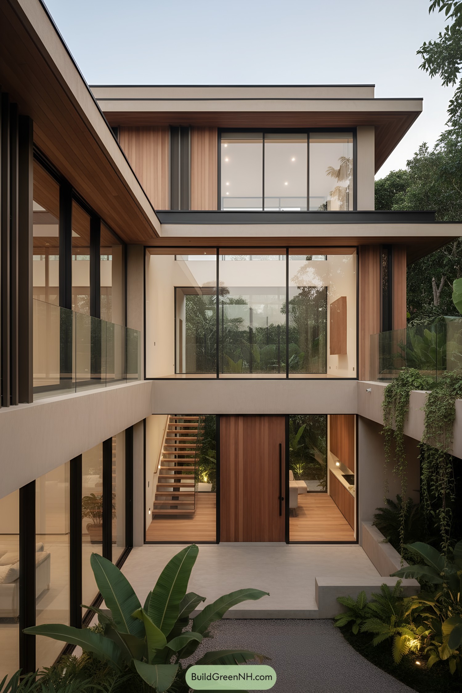 Modern courtyard home with glass walls, wood cladding, and lush greenery