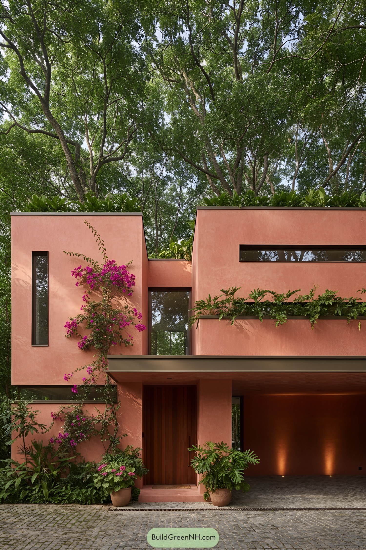 Coral-toned house with lush rooftop and vines