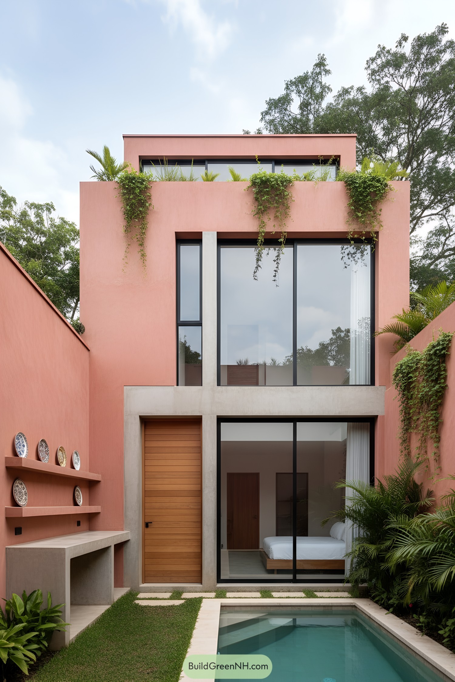 Modern pink courtyard house with pool and greenery