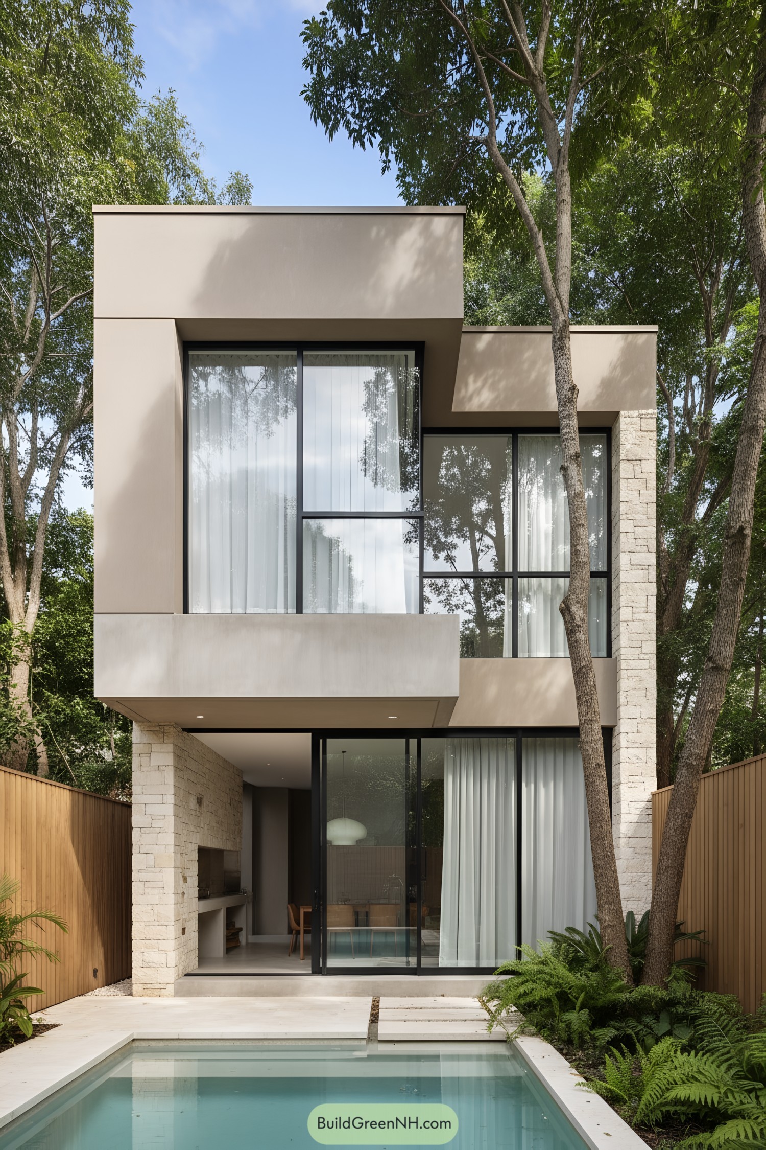 Modern courtyard house with pool and tall trees